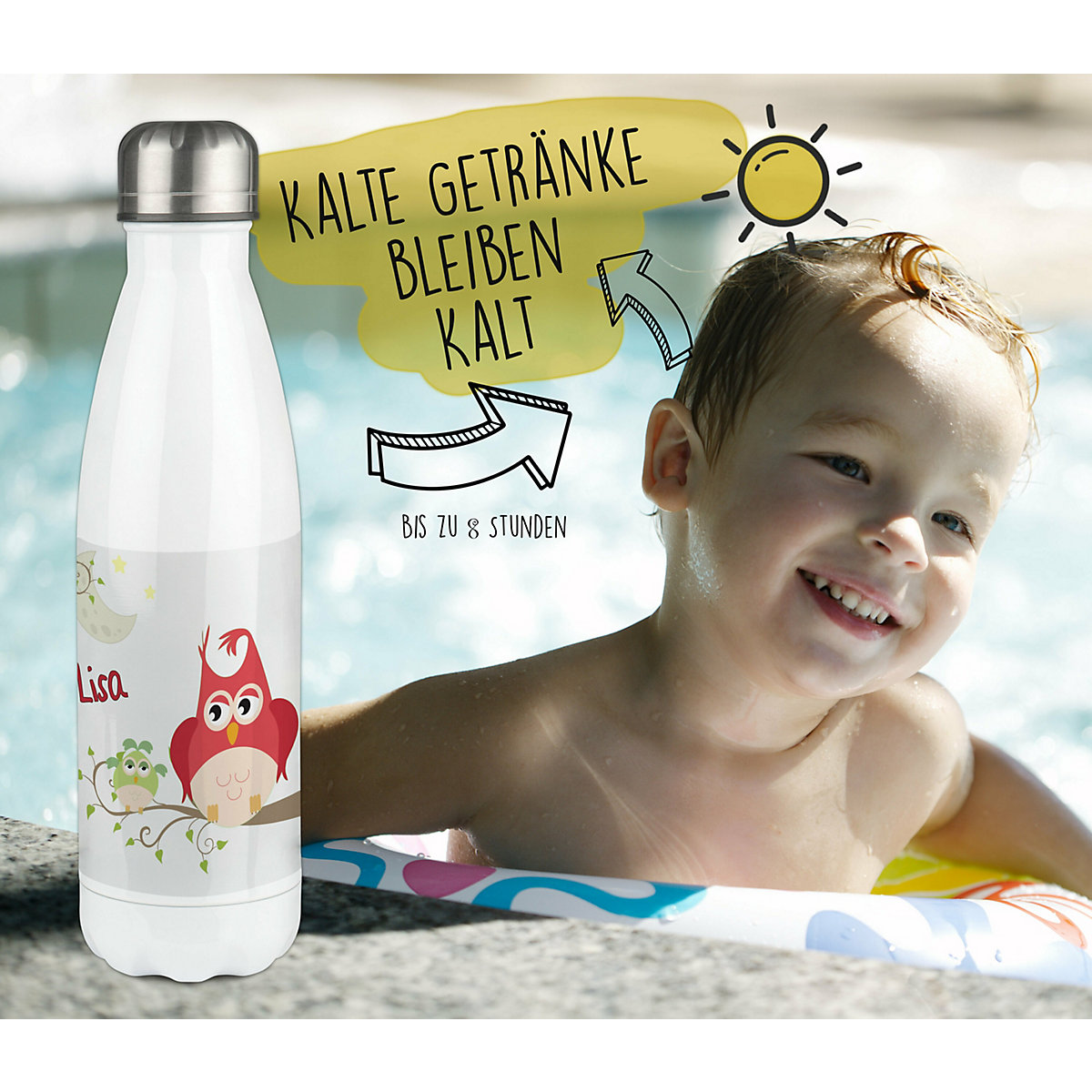 Edelstahl Kinder Thermoflasche / Trinkflasche bunt Eule Mama Spülmaschinenfest, Auslaufsicher, Bruchfest, Doppelwandig, Für Heißgetränke geeignet, Mit Deckel, Isoliert
