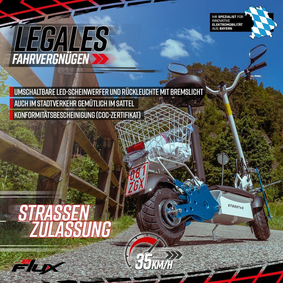eFlux E-Scooter Street 40 Elektro Roller mit Straßenzulassung klappbar, 800,00 W, 35 km/h, (1 tlg), Scooter - bis 30 km Reichweite - Gepäckkorb - 36 Volt 12 Ah Akku