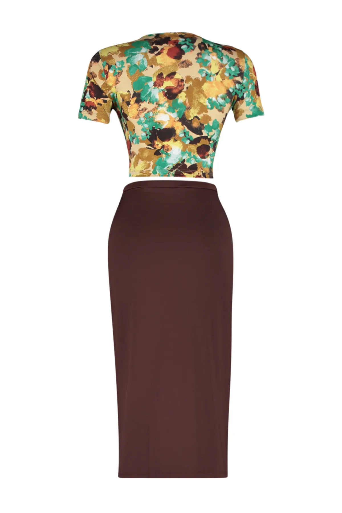 Trendyol Collection  Mehrfarbig bedrucktes, flexibles, figurbetontes Strick-Set aus Bluse und Rock in Midilänge TWOSS24AU00123