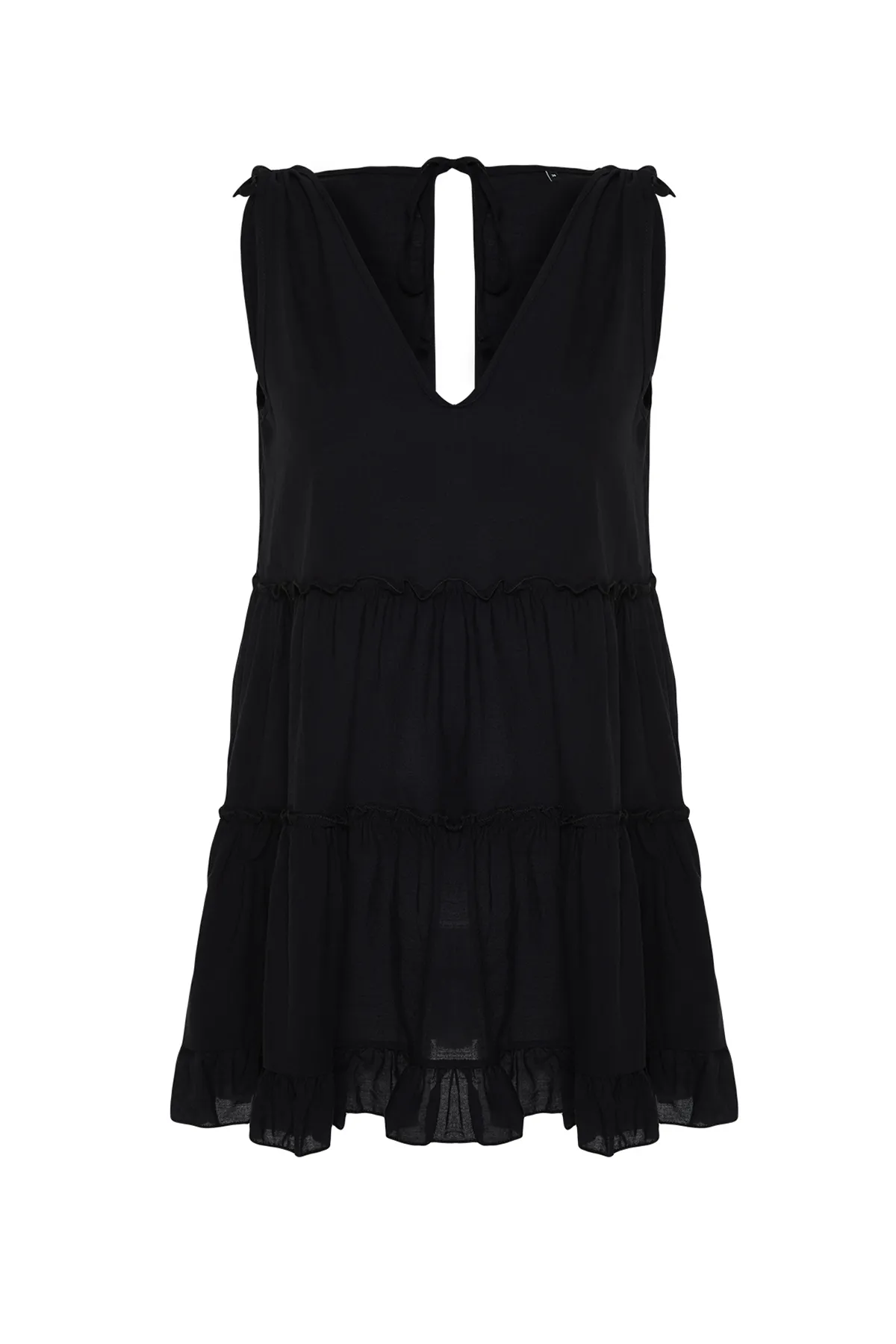 Trendyol Collection  Schwarzes, weit geschnittenes Mini-Strandkleid mit gewebten Rüschen aus 100 % Baumwolle TBESS21EL1247