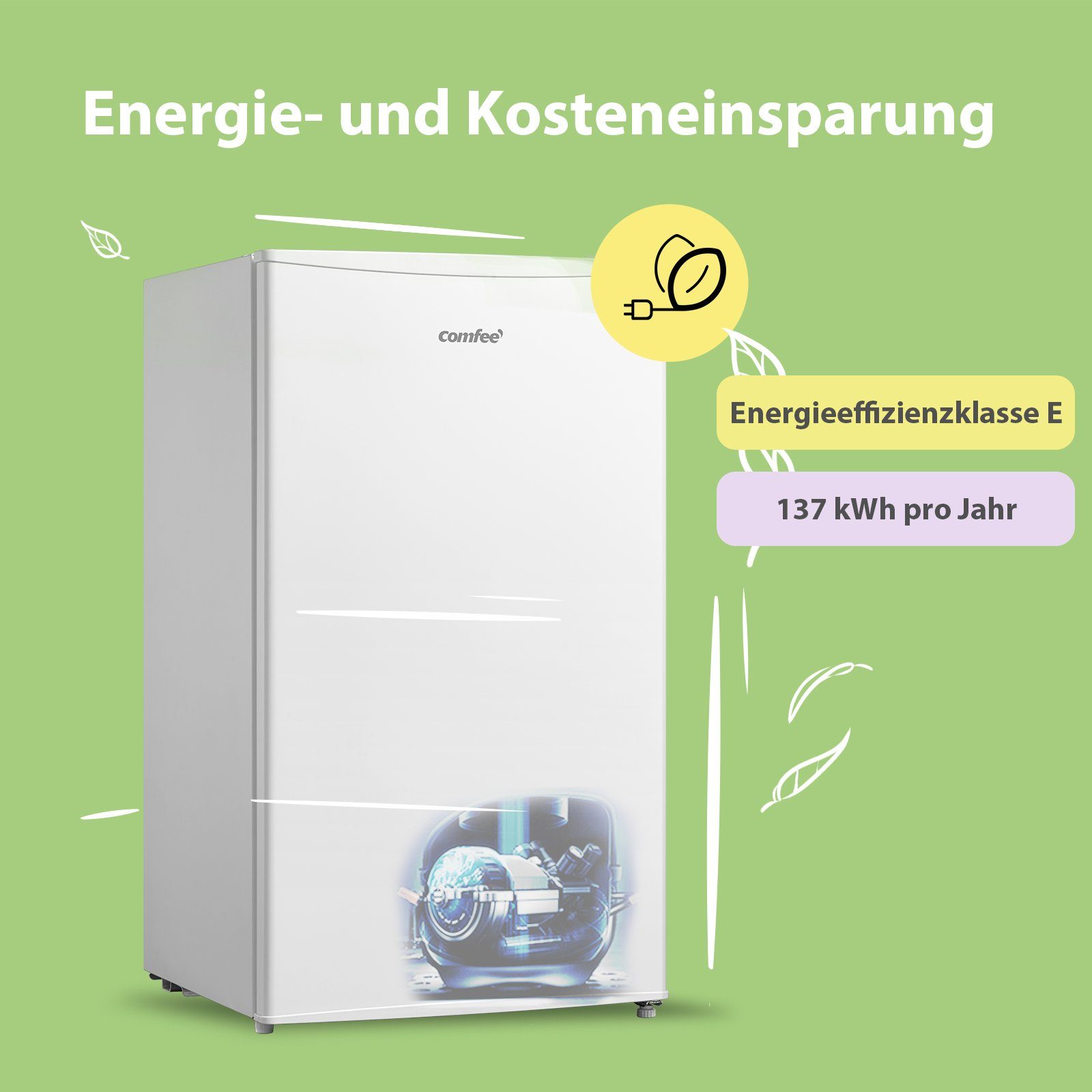 comfee Kühlschrank RCD80WH2(E), 84.5 cm hoch, 47.5 cm breit, Verstellbarer Fuß, Herausnehmbares Regal, Geringes Rauschen