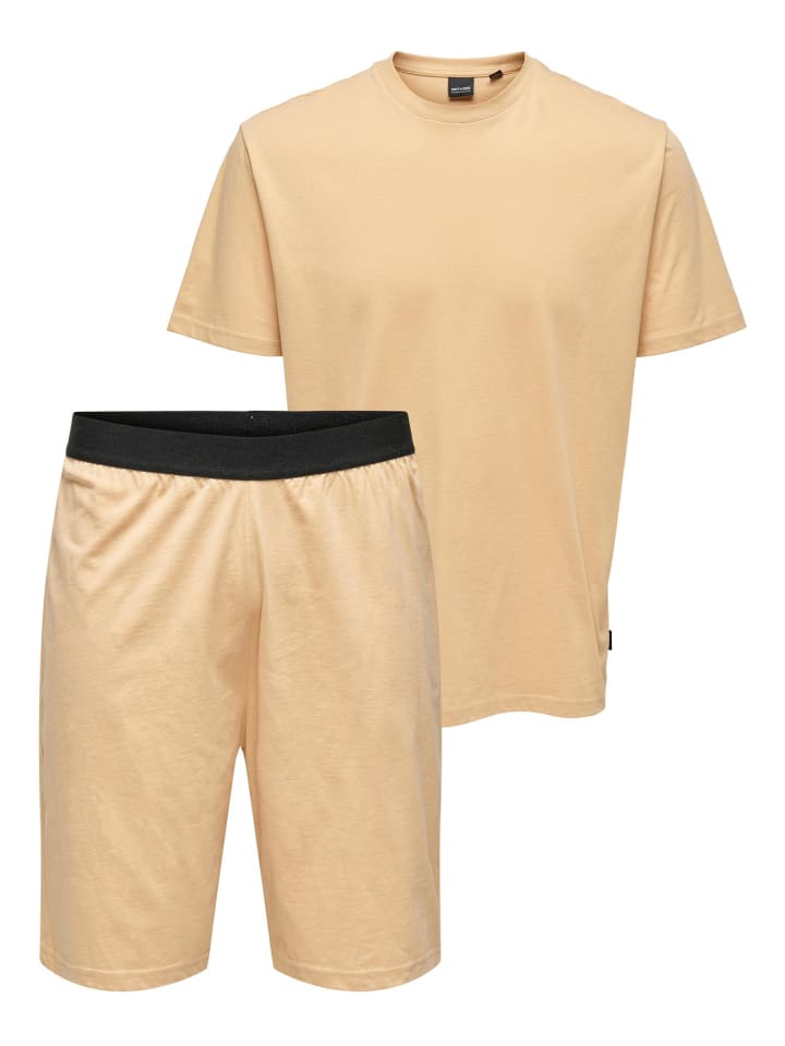 Only&Sons 2-Teiliger Pyjama Schlafanzug Kurzarm T-Shirt & Hose ONSBILLY in Beige günstig kaufen