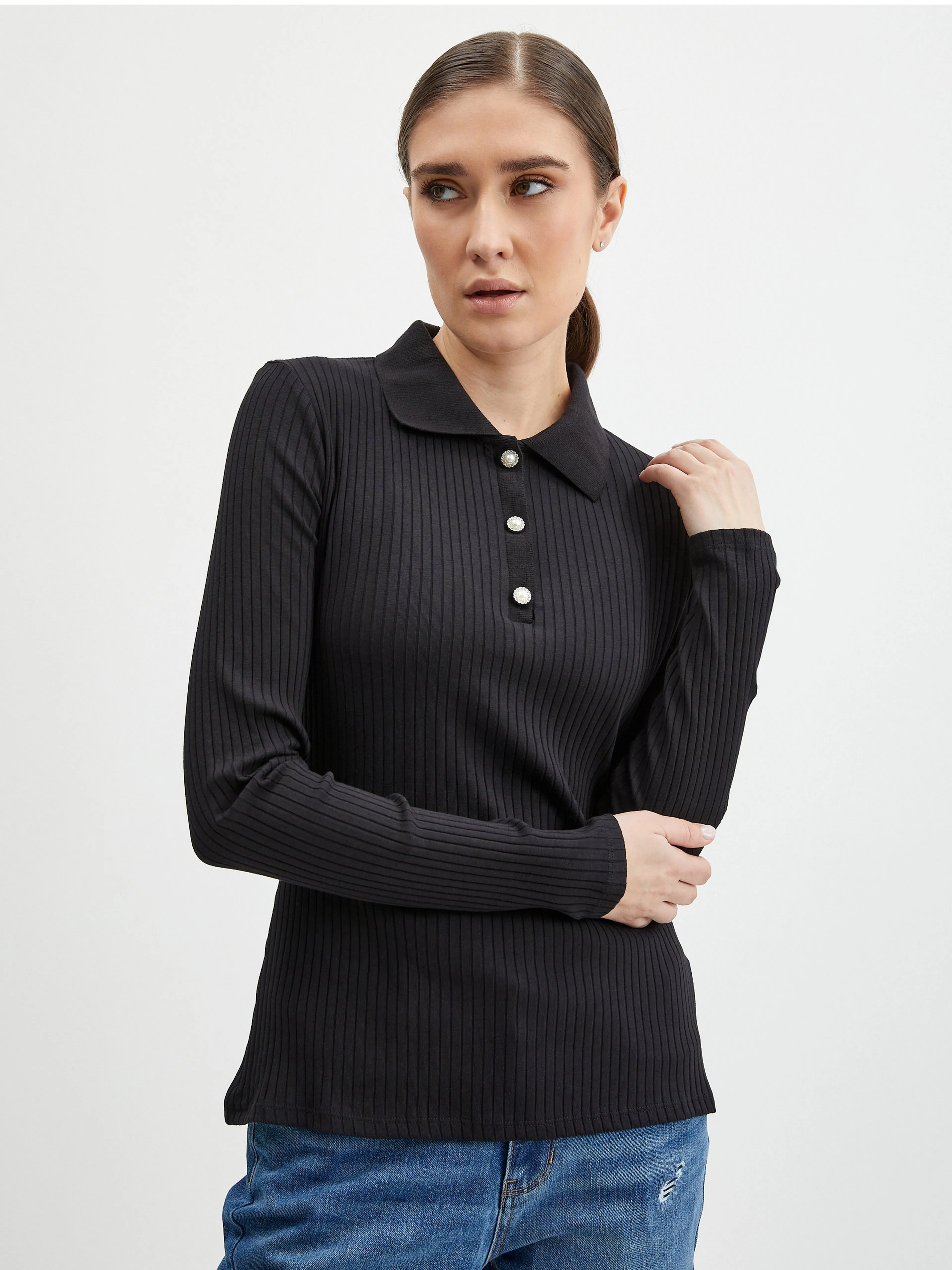 Schwarzes geripptes Damen Poloshirt ORSAY