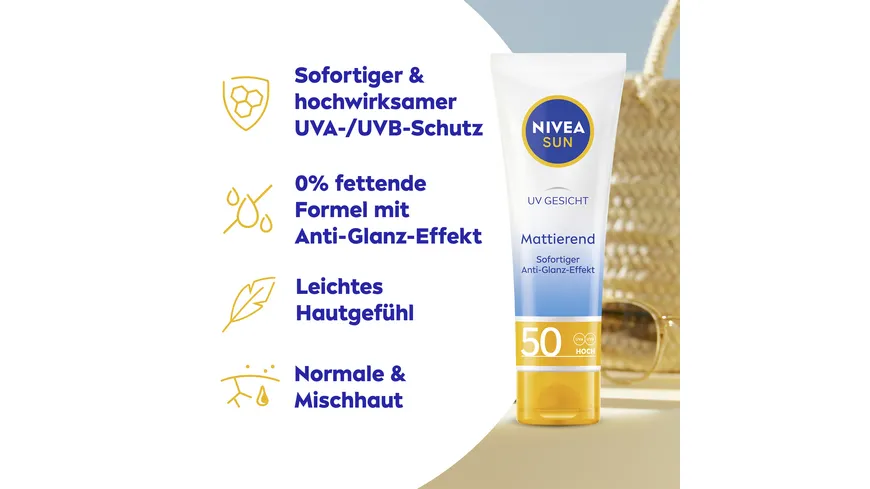 NIVEA SUN mattierender Sonnenschutz Anti-Glanz-Effekt LSF50 50 ml