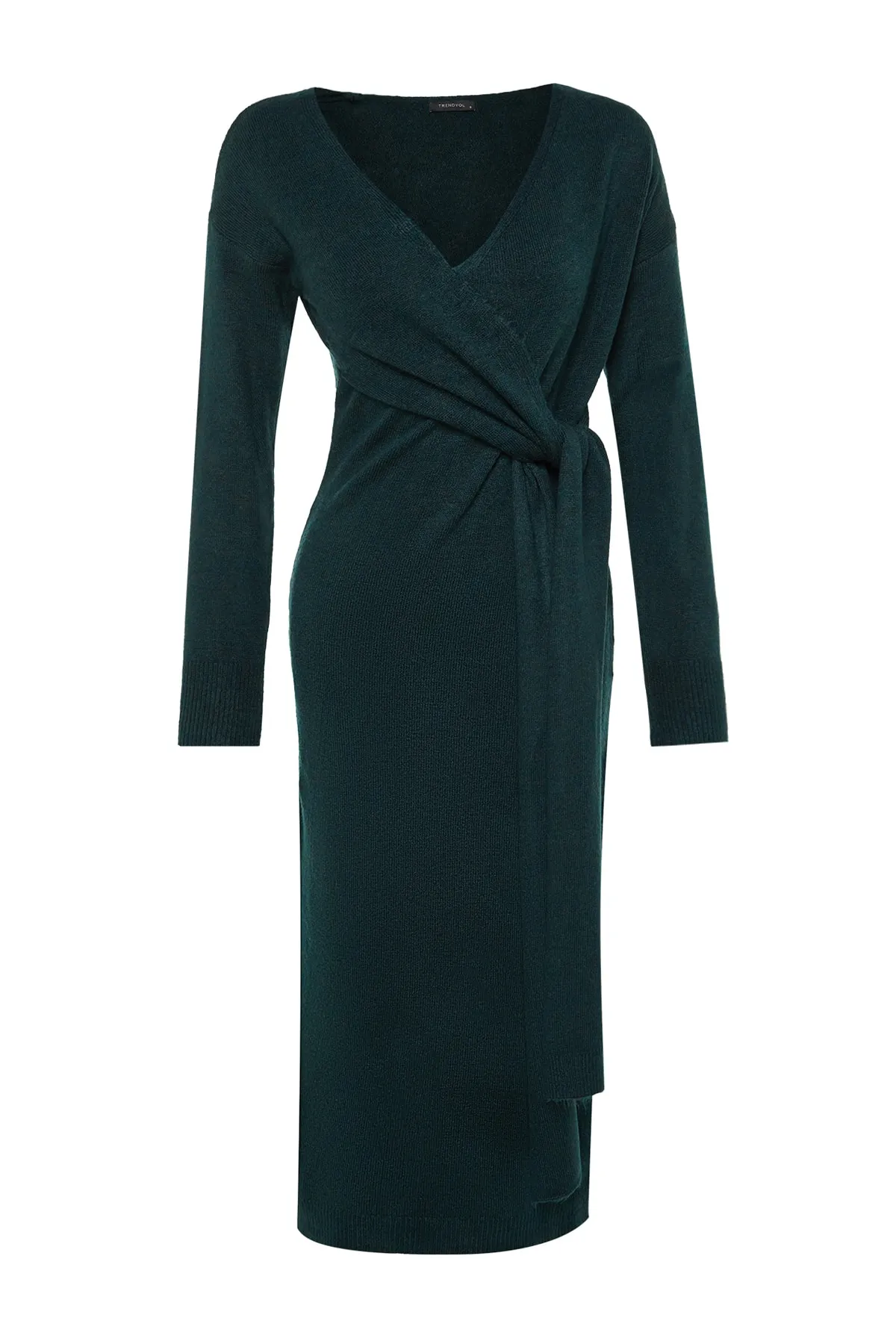 Trendyol Collection  Smaragdgrünes Maxi-Strickkleid mit weicher Struktur und zweireihigem Kragen und Bindeband TWOAW21EL0263