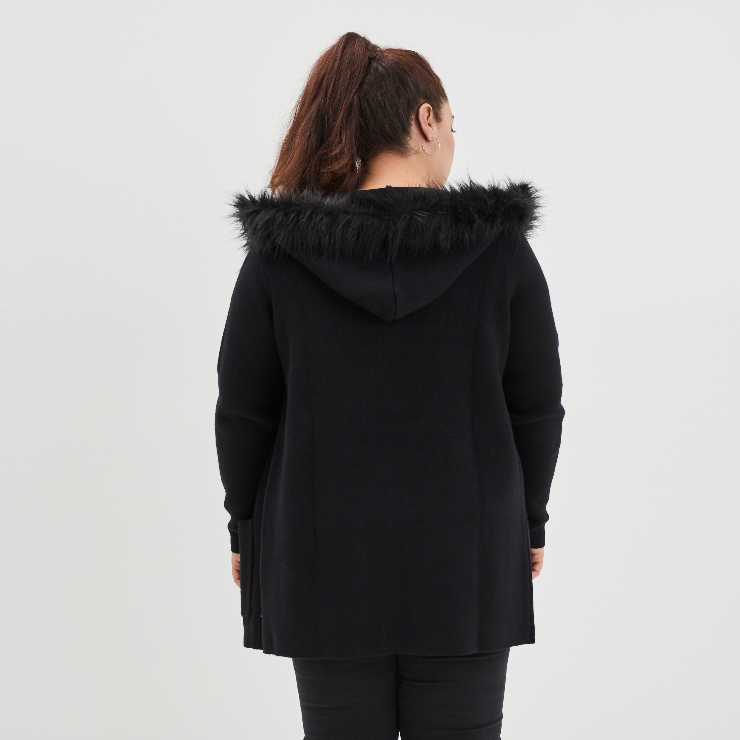 Gilet long capuche et fausse fourrure noir femme grande taille | La Halle
