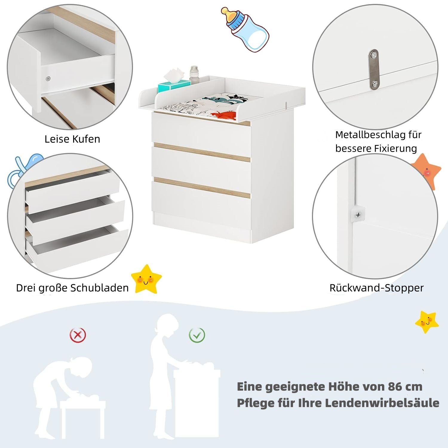 Woltu Wickelkommode, Wickeltisch Wickelstation mit 3 Schubladen Weiß