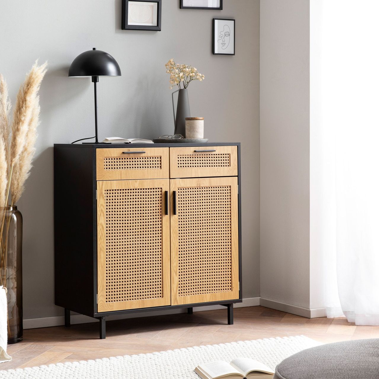 Wohnling Sideboard 80 cm Anrichte Schwarz Kommodenschrank mit Wiener Geflecht