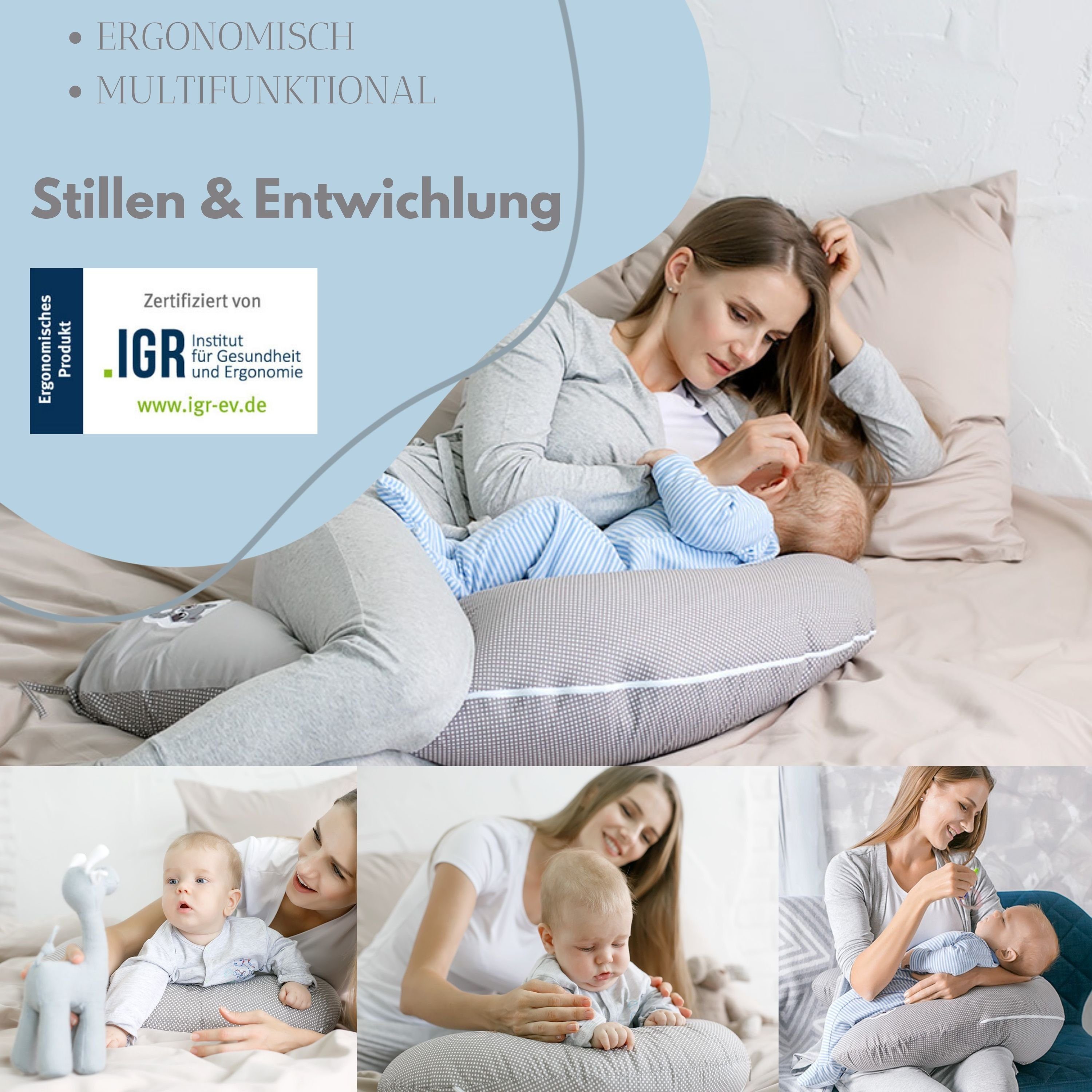 SEI Design Stillkissen Seitenschläferkissen Babynestchen Kuschelnest Schwangerschaftskissen, Baby Kissen mit Stillkissenbezug, Stillkissen klein 170x30 cm Baumwollbezug