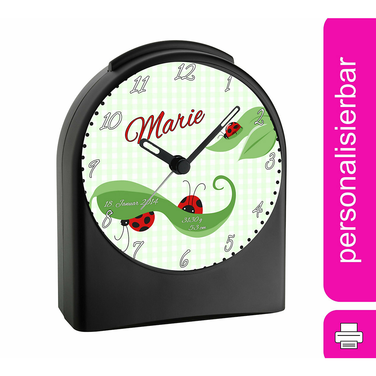 Kinder Funkwecker personalisiert mit Namen Marienkäfer Atom-/Funkuhr, 12-Stunden-Anzeigeformat, Schlummerfunktion, Nachtlicht, Geräuschlos/Ohne Ticken