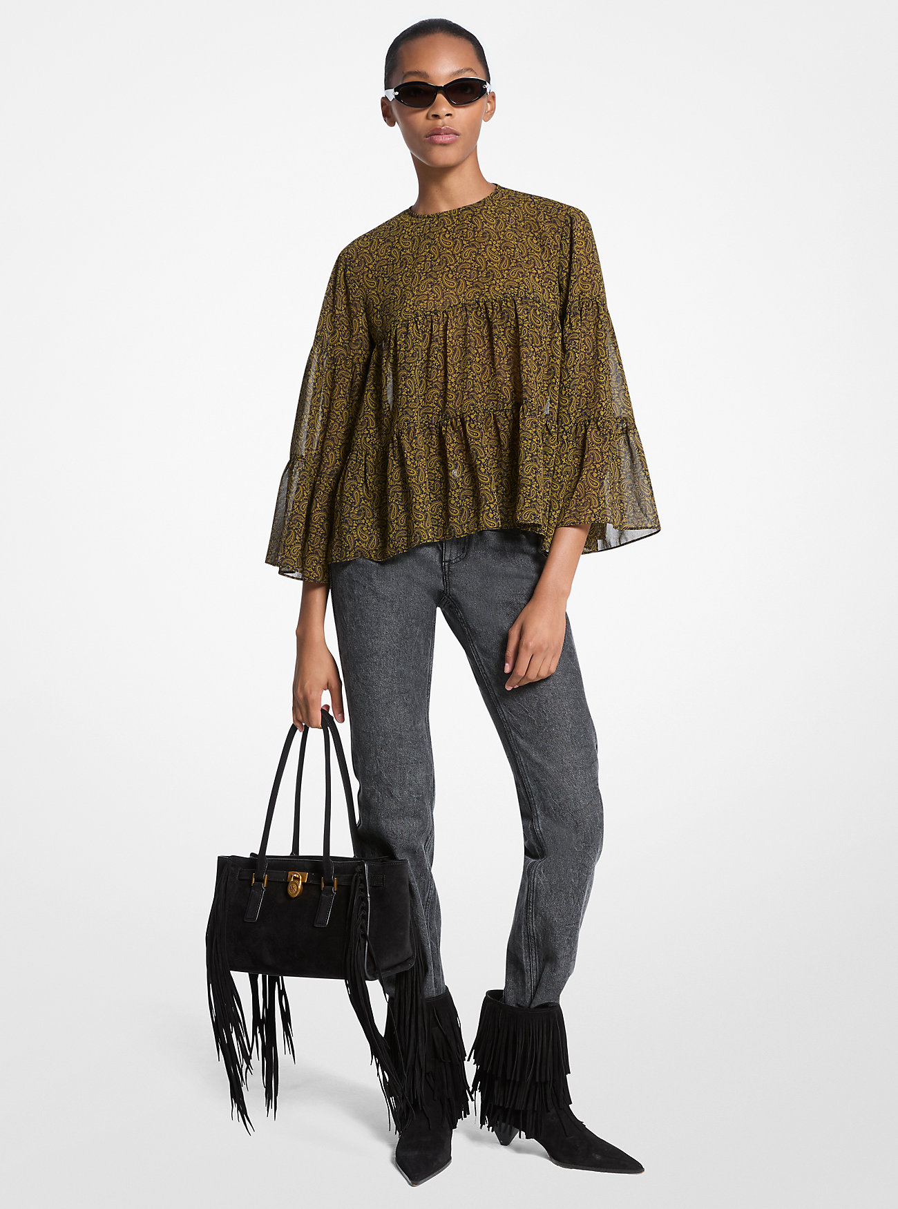 Paisley Print Georgette Tiered Blouse - PISTACHIO