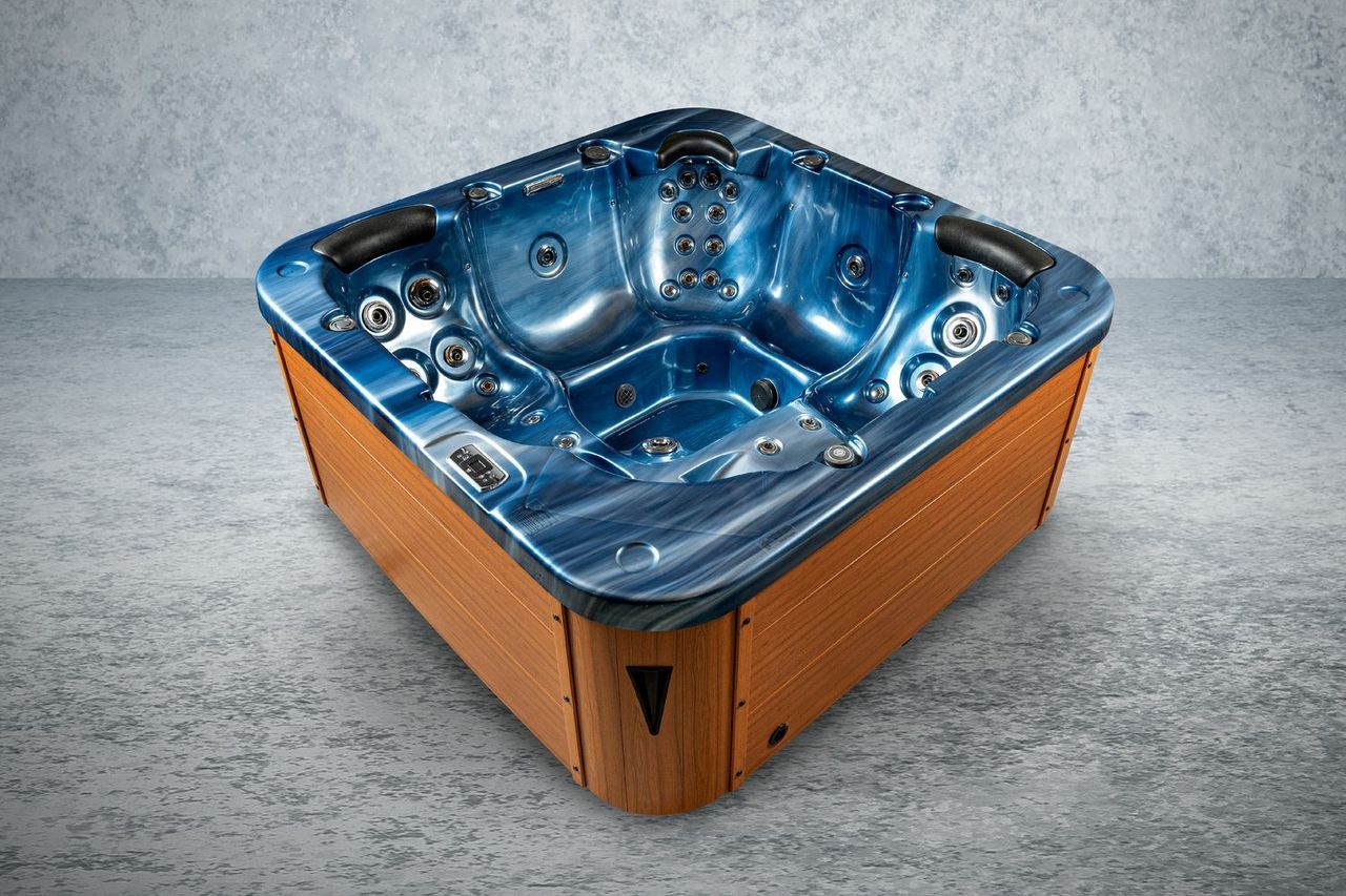 PureHaven Outdoor-Whirlpool 215x215 cm für 5 Personen mit 53 Massagedüsen Heizung Farblicht und Thermoabdeckung UV-Wasseraufbereitung 2 Liegeflächen