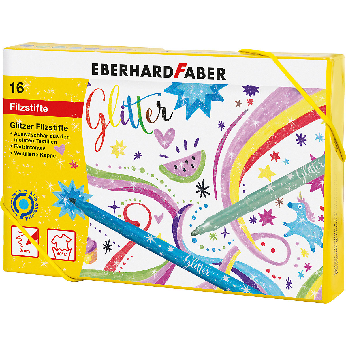 Glitter-Fasermaler, 16 Farben im Geschenkkarton