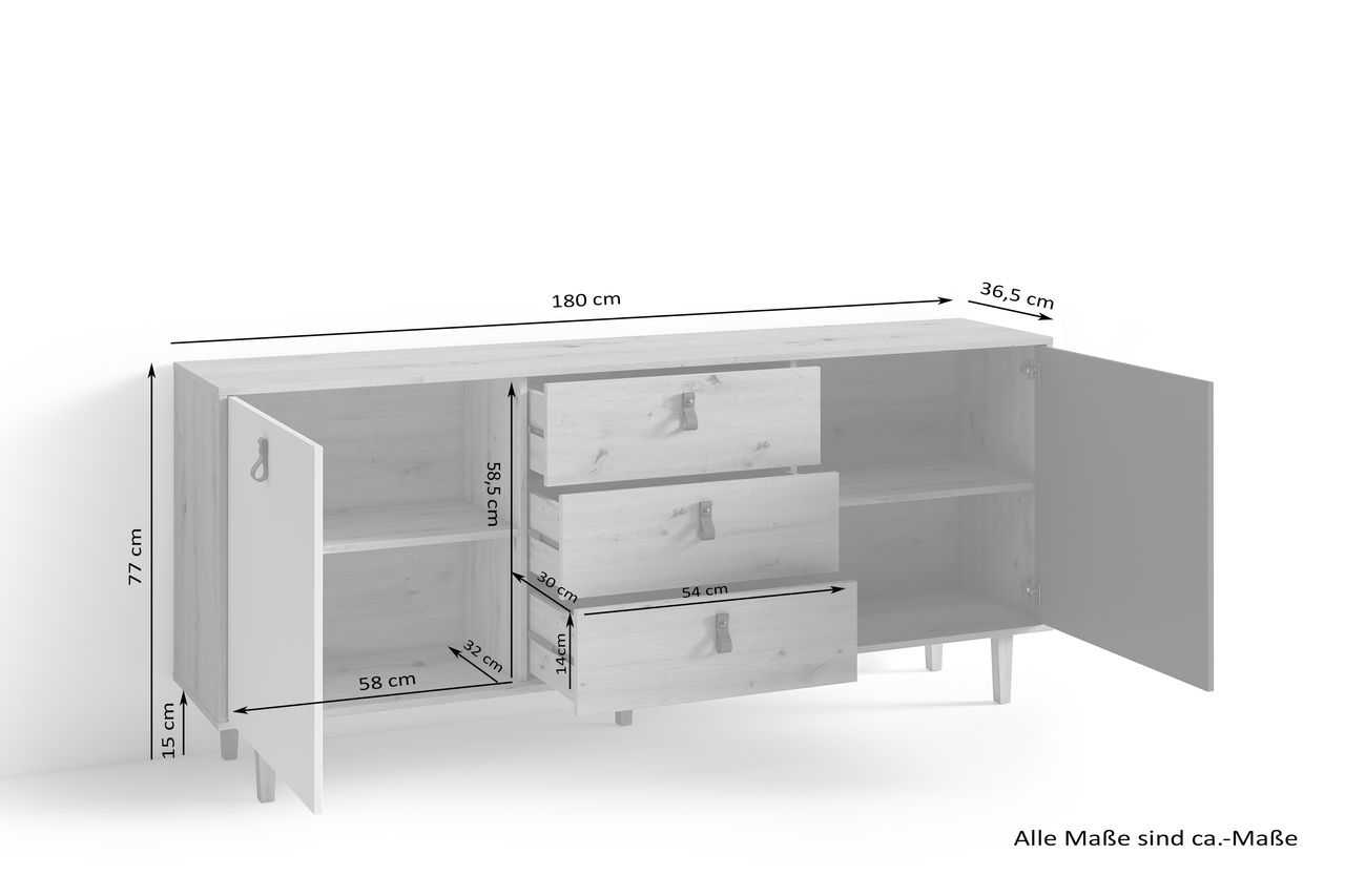byLiving BILL Sideboard, Breite 180 cm, Eiche-Optik, matt weiß anthrazit