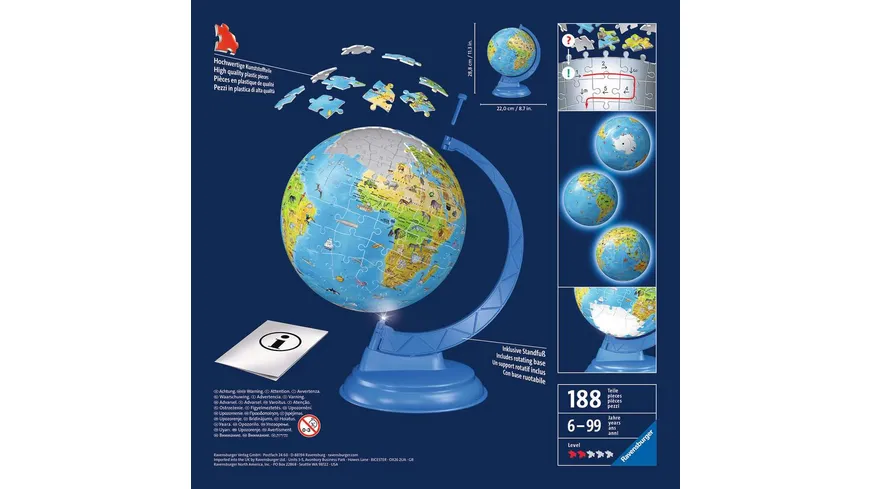 Ravensburger Puzzle - 3D Puzzles - Kinderglobus mit Licht in deutscher Sprache - 180 Teile