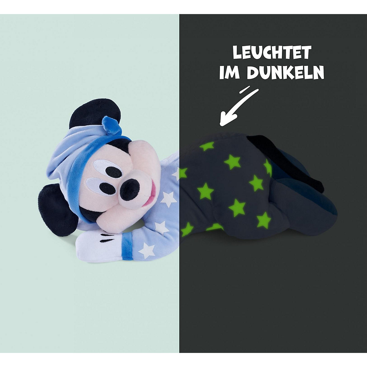 Gute Nacht Mickey liegend, 30 cm Plüschfigur, leuchtet im Dunkeln