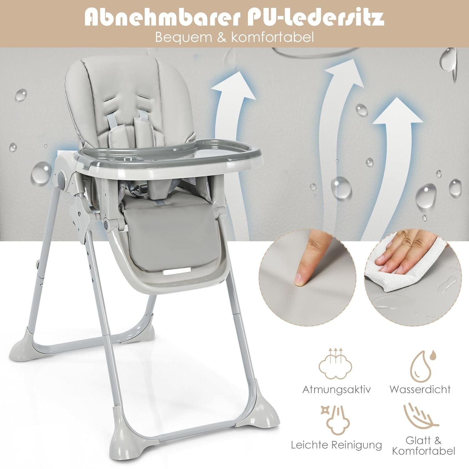KOMFOTTEU Hochstuhl Baby, klappbar, mit abnehmbares Tablett