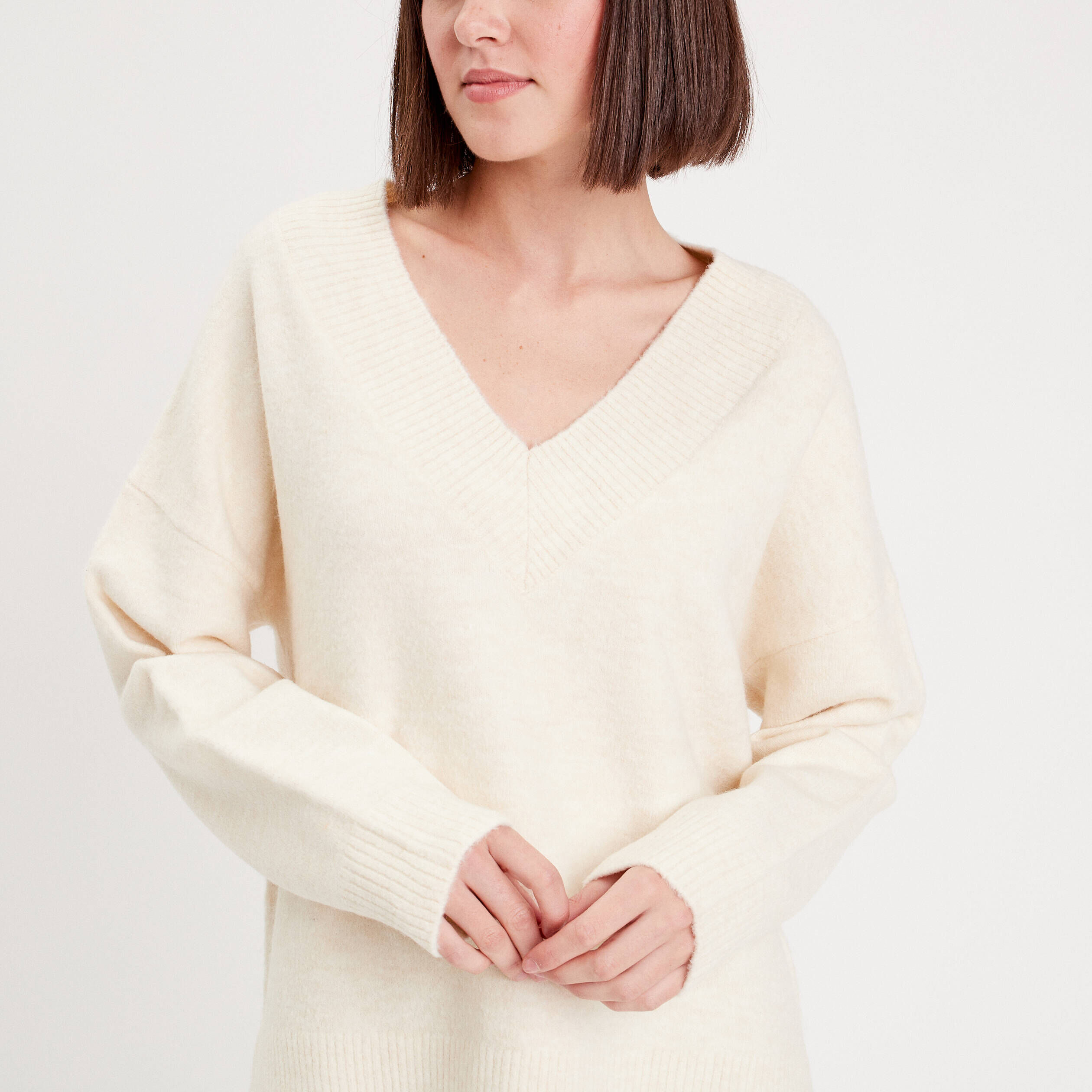 Pull manches longues col en V ivoire femme | Cache Cache