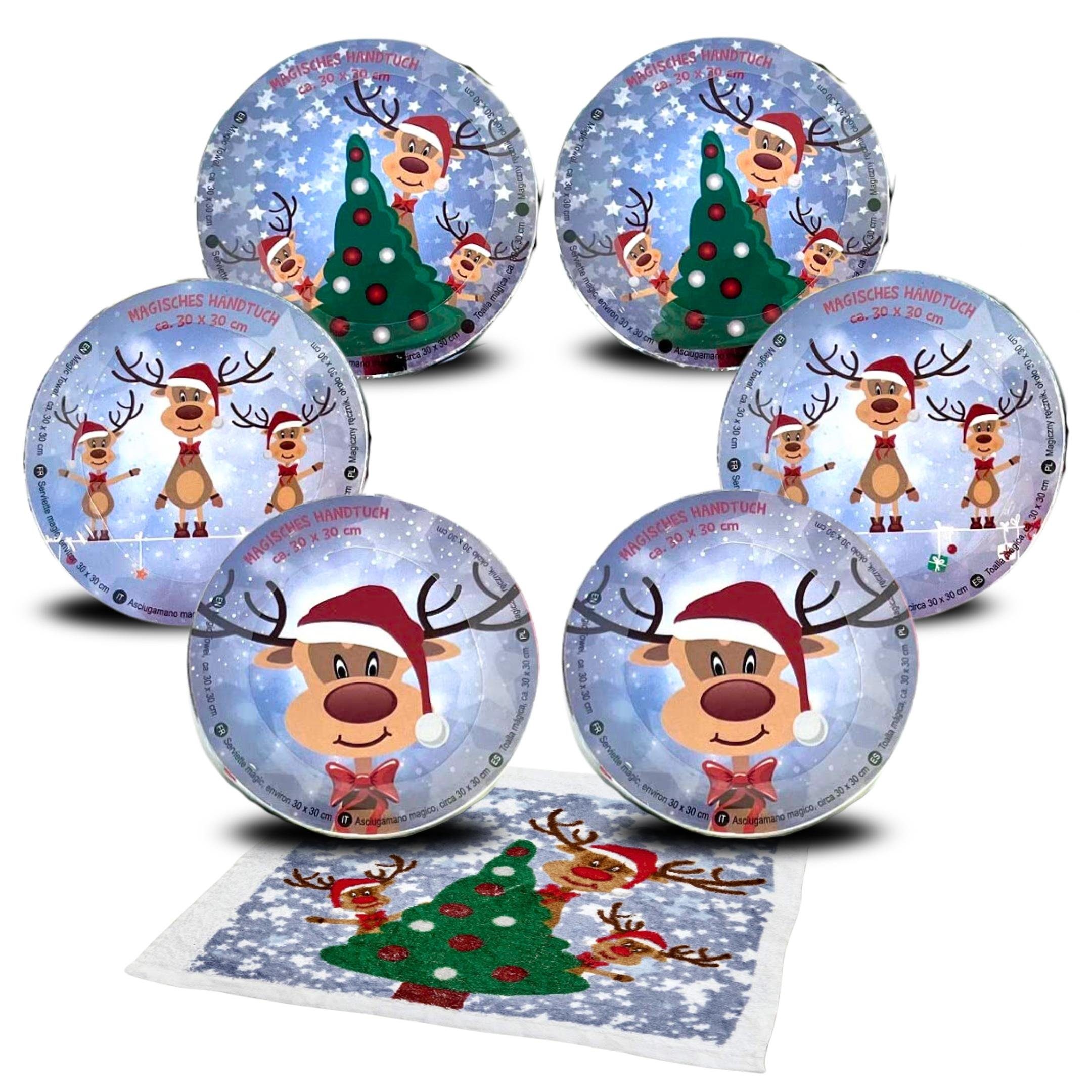 Bada Bing Handtücher Magisches Handtuch Rentier Rudolph Zaubertuch ca. 30x30cm Weihnachten, Baumwolle (6-St), Waschlappen mit Lasche zum Aufhängen