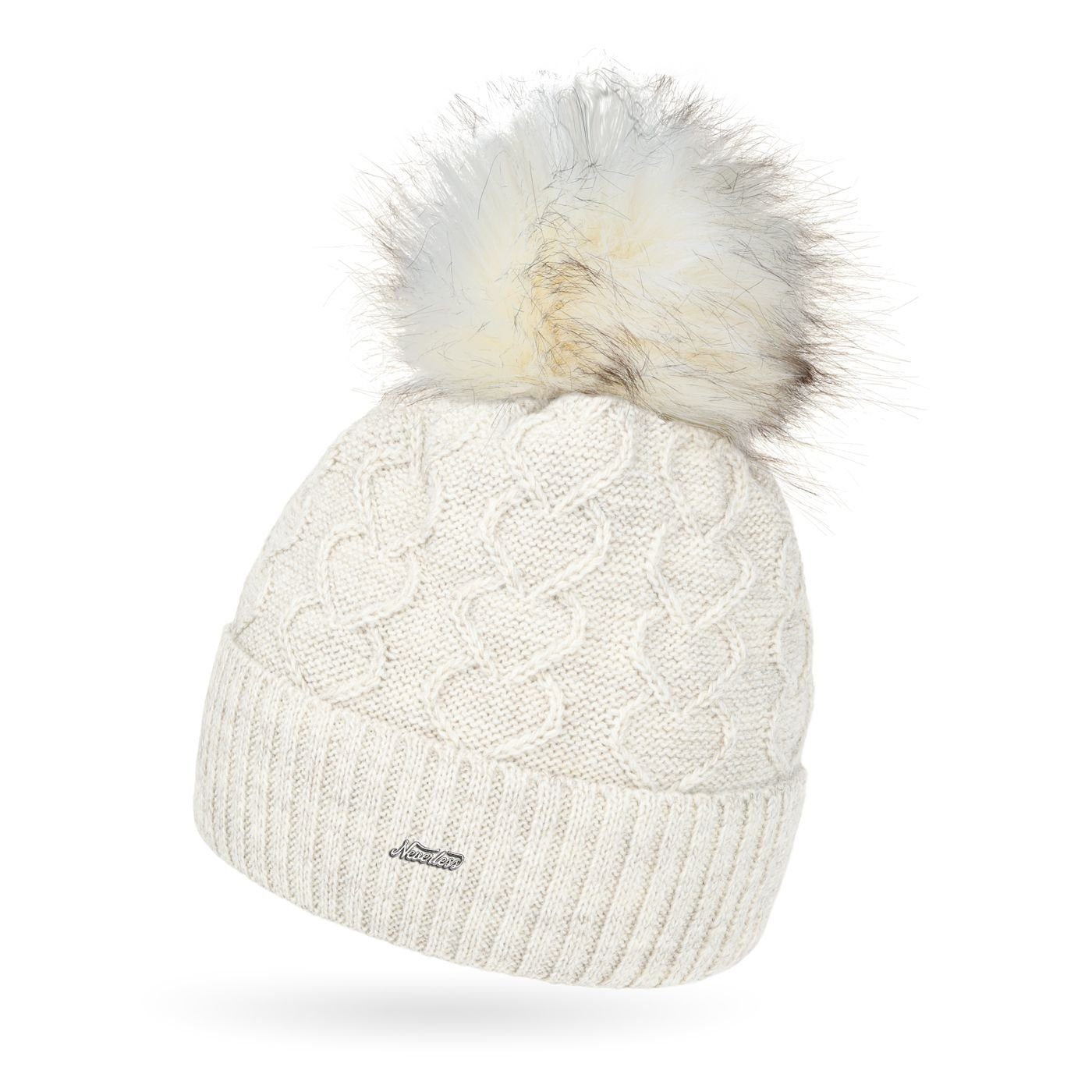 Neverless Bommelmütze Damen Strick-Mütze Fell-Bommel Kunstfell Bommelmütze Fleece-Futter Her