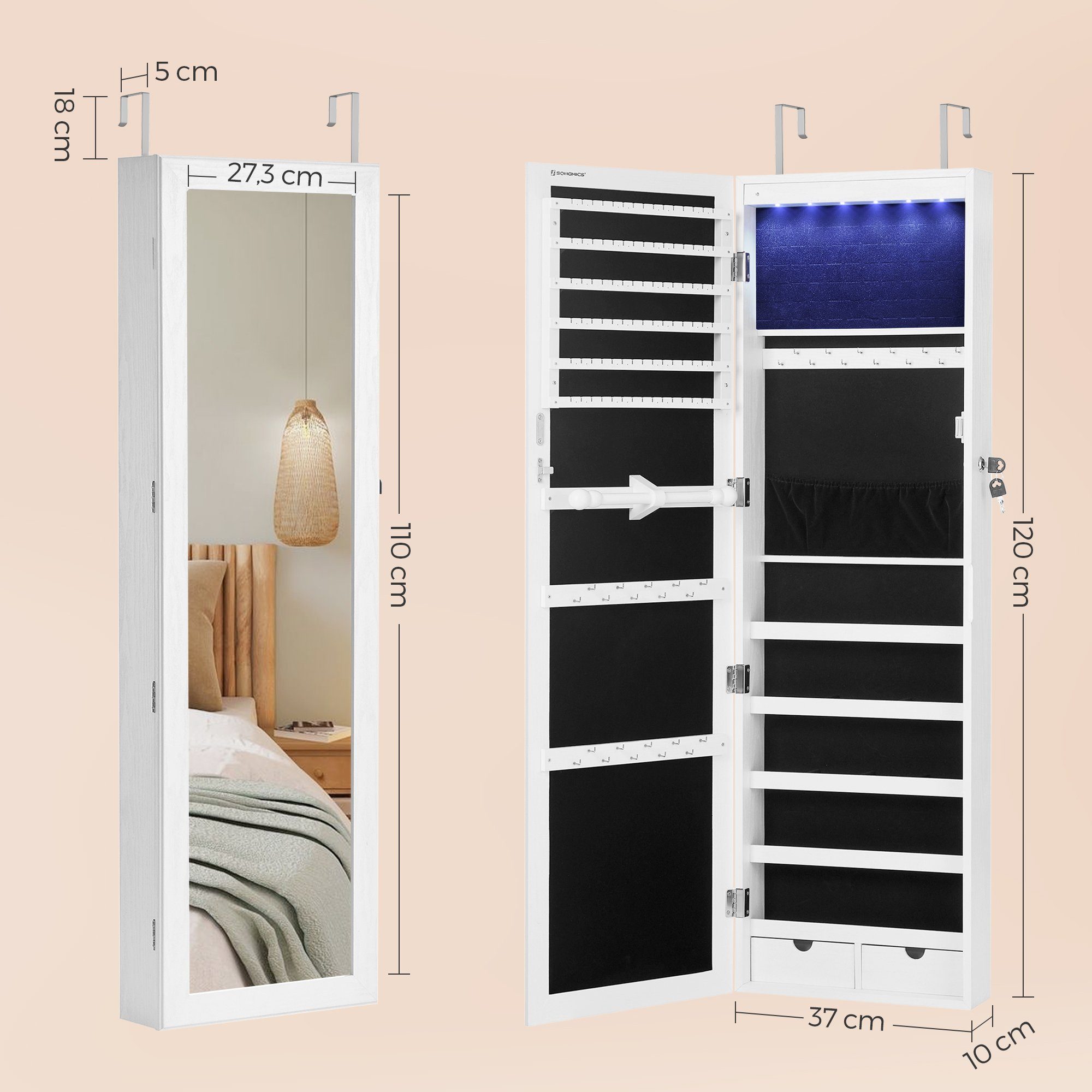 SONGMICS Schmuckschrank Spiegelschrank mit LED Beleuchtung and Spiegel