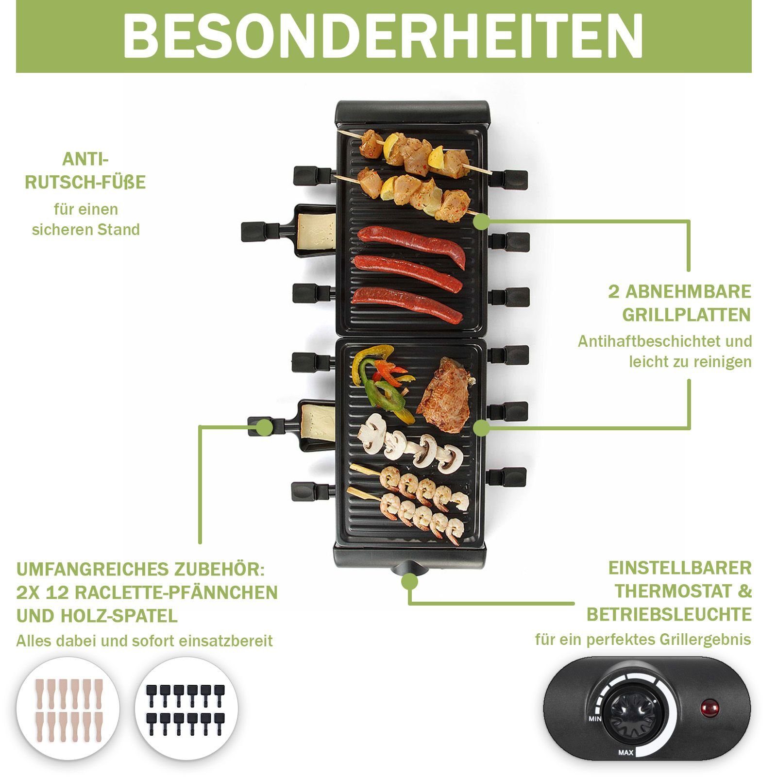 bmf-versand Raclette Raclette 12 Personen Grill Set Tischgrill Elektrogrill Pfännchen, 12 Raclettepfännchen, 1800,00 W, Einfache Reinigung, Einstellbarer Thermostat, Umfangreiches Zubehör