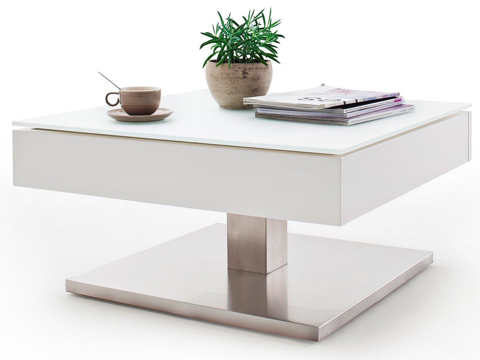 möbelando Couchtisch Marcie, Moderner Couchtisch aus MDF in Weiß matt lackiert, Deckplatte aus Sicherheitsglas, Sockel aus Metall in Edelstahl-Optik gebürstet mit MDF Kern. Breite 75 cm, Höhe 38 cm, Tiefe 75 cm