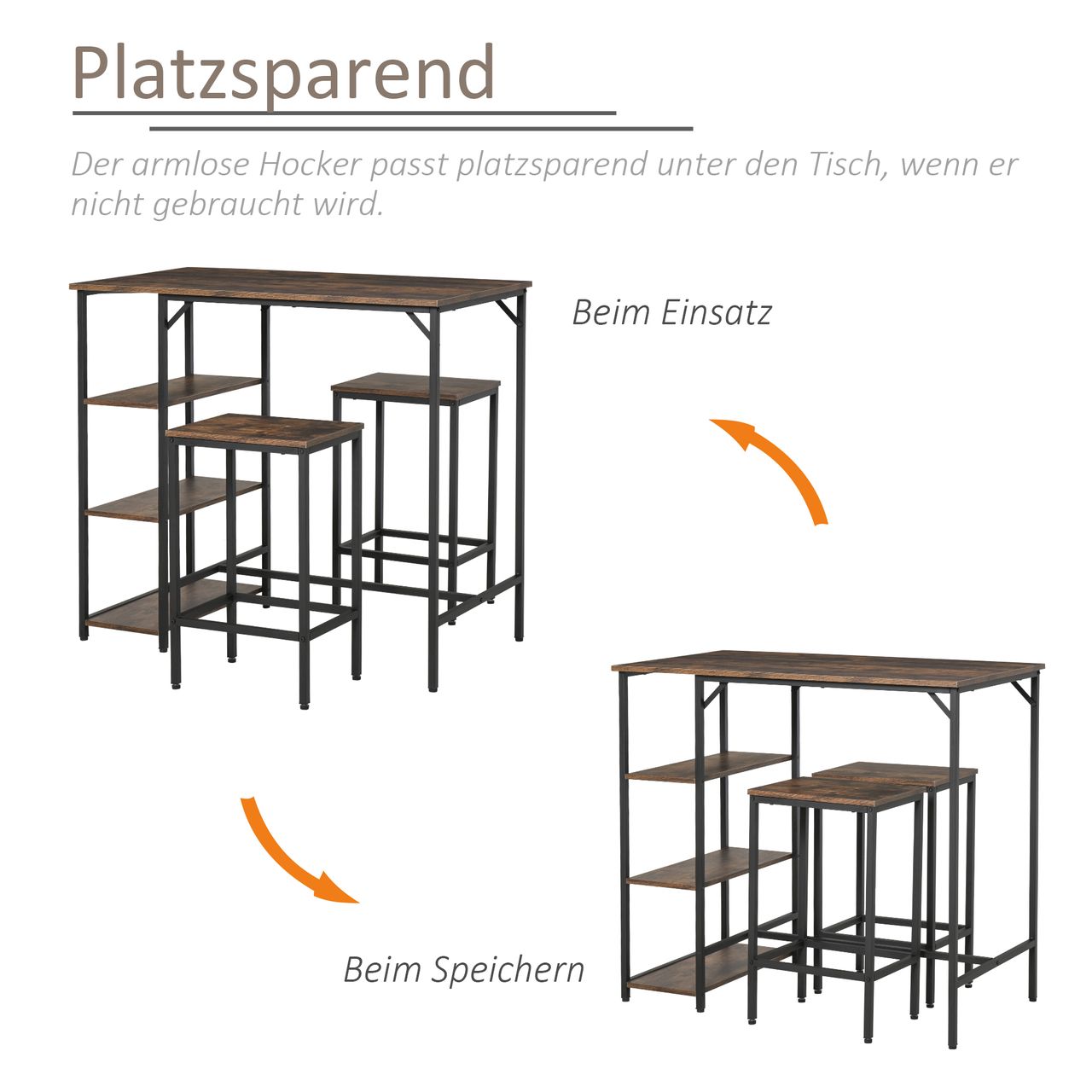 HOMCOM Bartisch-Set Stehtisch mit 2 Barhockern 3-teiliges Tischset Küchentresen mit Regale Spanplatte Stahl Rustikales Braun Schwarz 109 x 60 x 100 cm