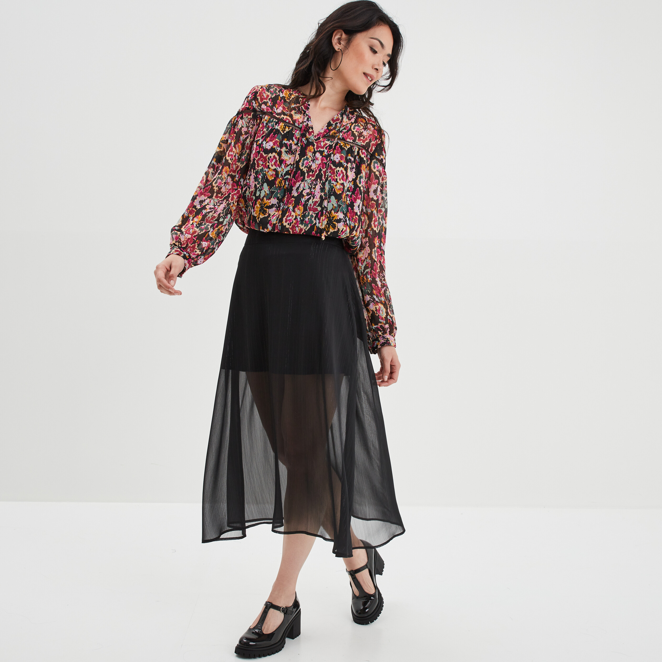 Blouse crêpe col cordons à nouer noir femme | La Halle