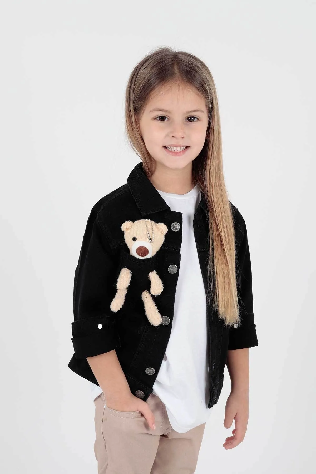 AHENGİM  Mädchen-Jeansjacke aus Baumwolle mit Teddybär-Motiv, lässig, modisch, Ak22176023