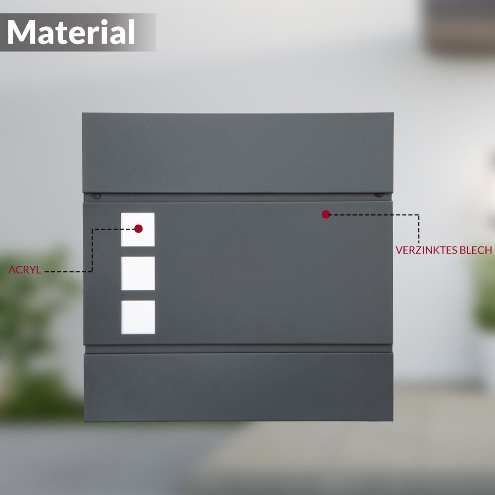monzana Wandbriefkasten, Design Stahl mit Zeitungsfach Sichtfenster 2 Schlüssel