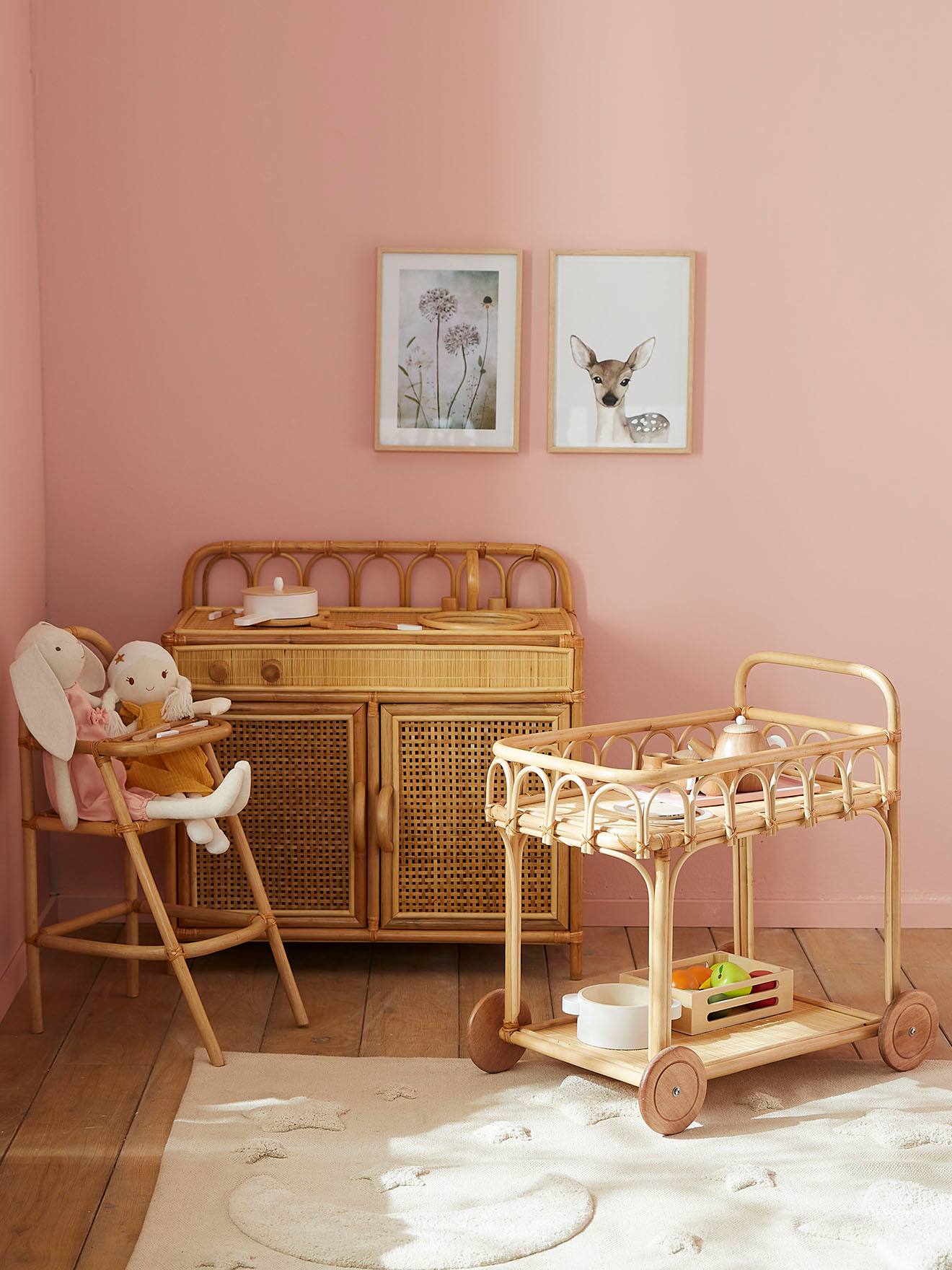 Vertbaudet Puppen Servierwagen aus Rattan MINI BOHO - natur