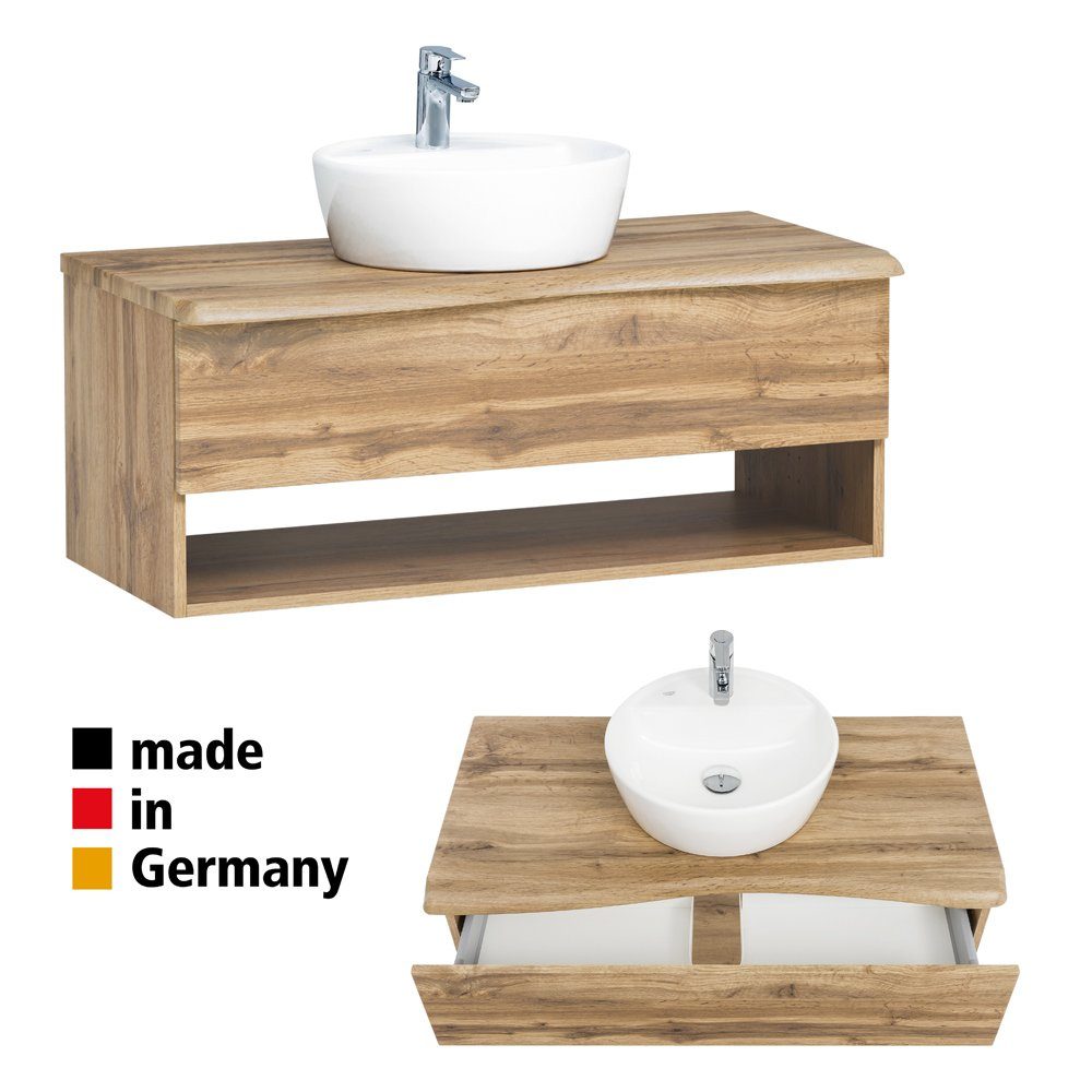 Lomadox Badmöbel-Set KAHLA-03, (3-St), Eiche Baumkantenoptik Waschbecken und Spiegelschrank 181/200/52 cm