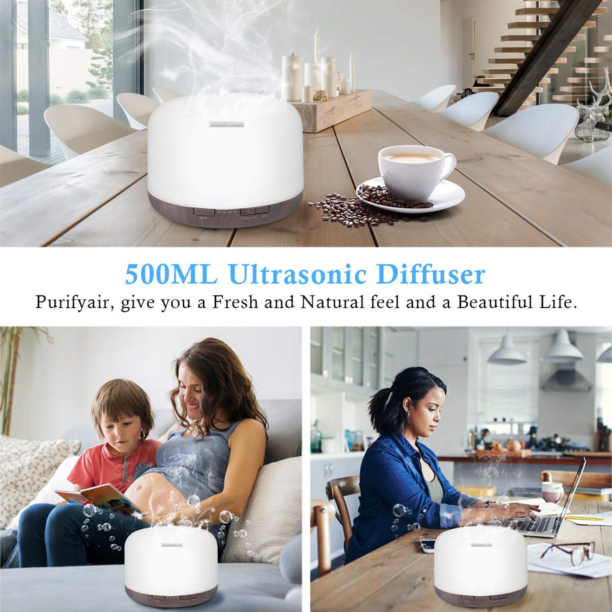 Tisoutec Luftbefeuchter Aroma Diffuser, Diffuser Luftbefeuchter,Ultraschall Aromatherapie, 500,00 l Wassertank, Diffuser für Ätherische Öle-Raumbefeuchter Aromatherapie Öle Duftlampe
