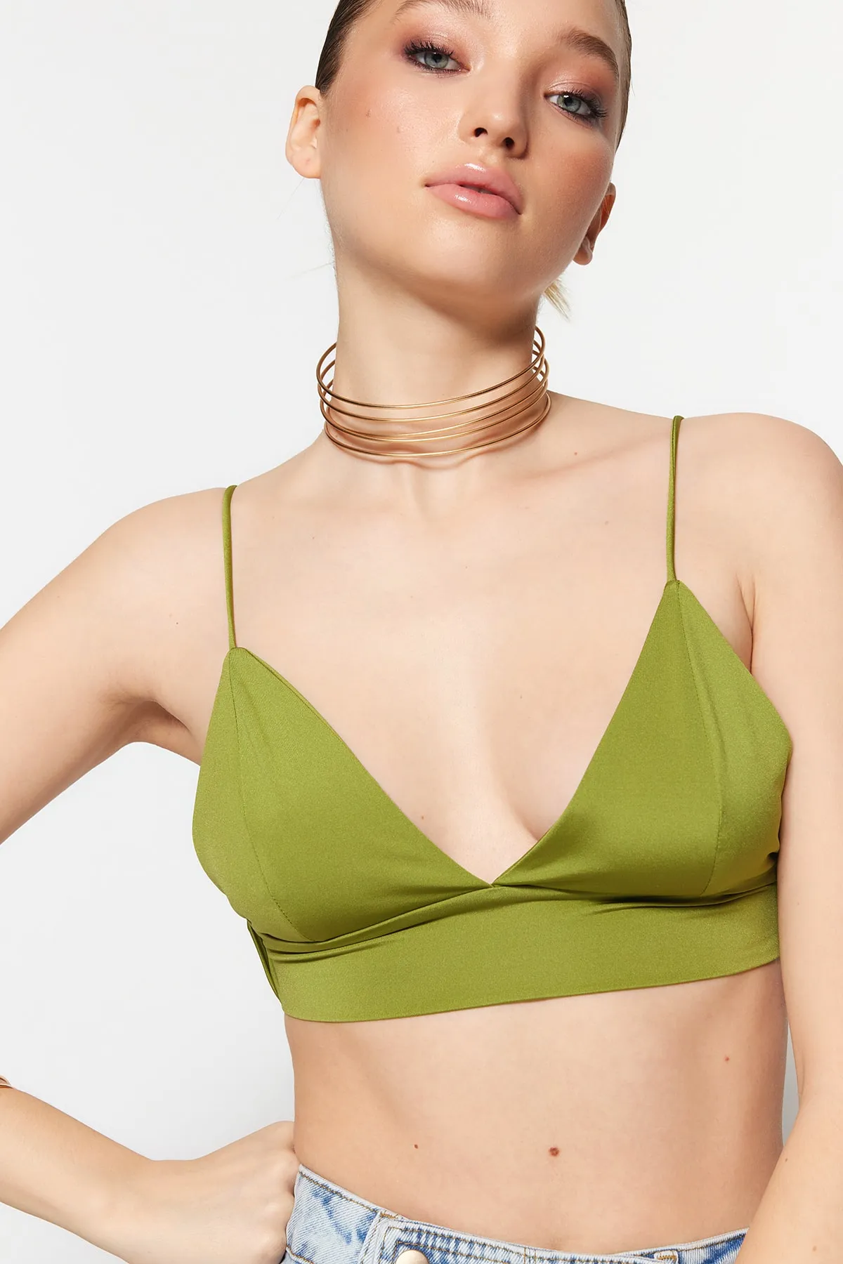 Trendyol Collection  Ölgrünes Crop-gefüttertes Strick-Bustier TPRSS22BS00005