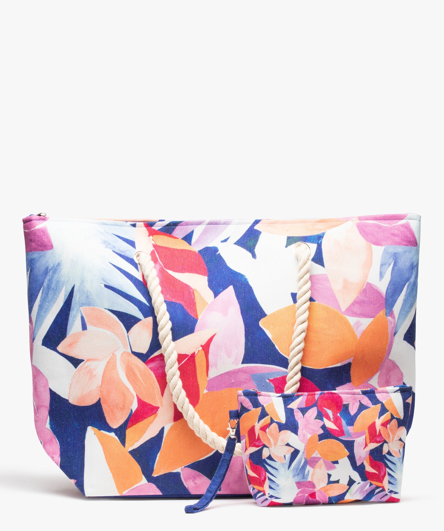 Sac de plage à motif feuillage avec pochette zippée amovible multicolore | GEMO