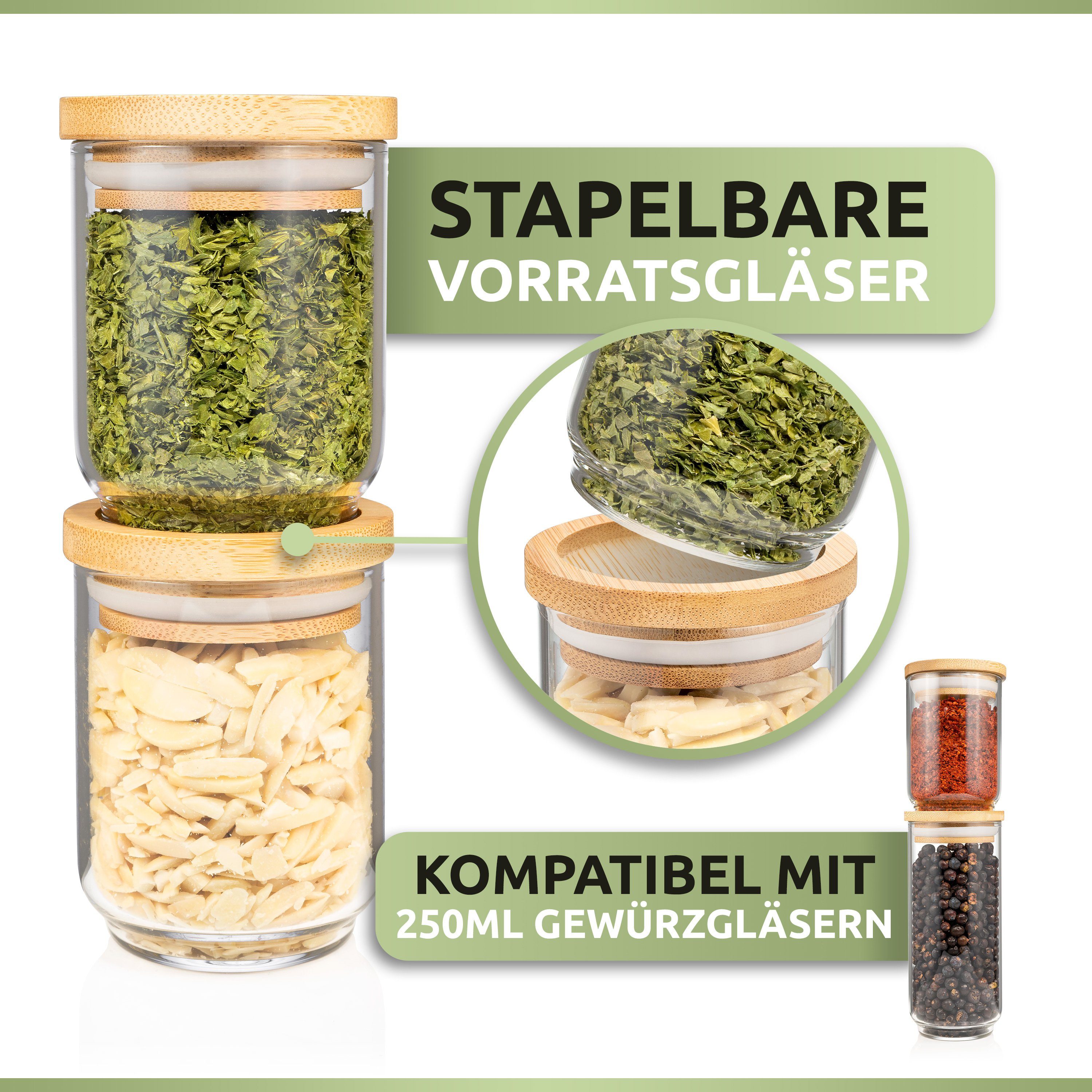 PORADA Gewürzbehälter Set 150ml stapelbare Gewürzgläser Glasbehälter Bambus Deckel, (Set, 12-tlg., Set), Handarbeit, platzsparend, stapelbar, Bambusdeckel