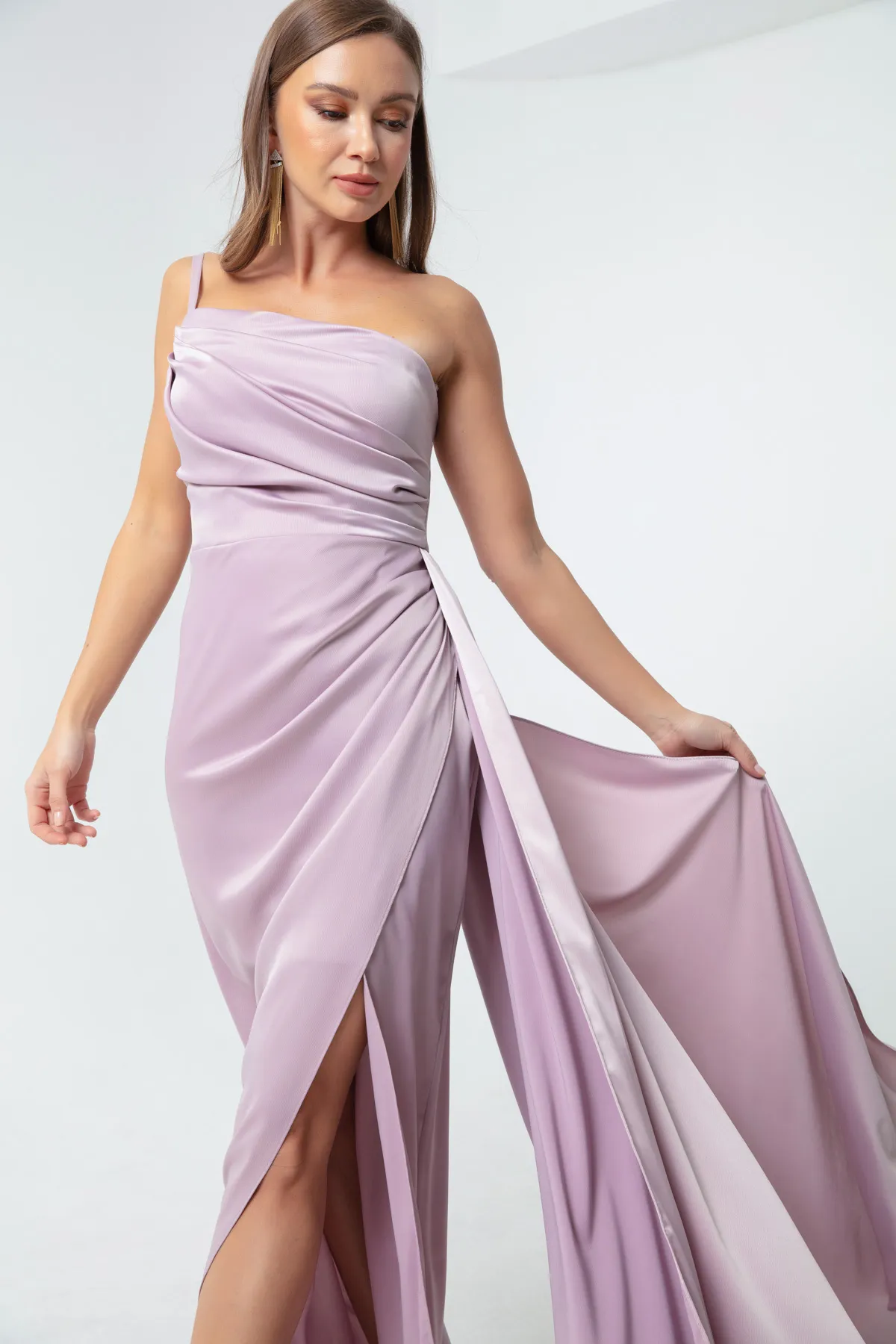 Lafaba  Fliederfarbenes One-Shoulder-Satin-Abend- und Abschlusskleid für Damen
