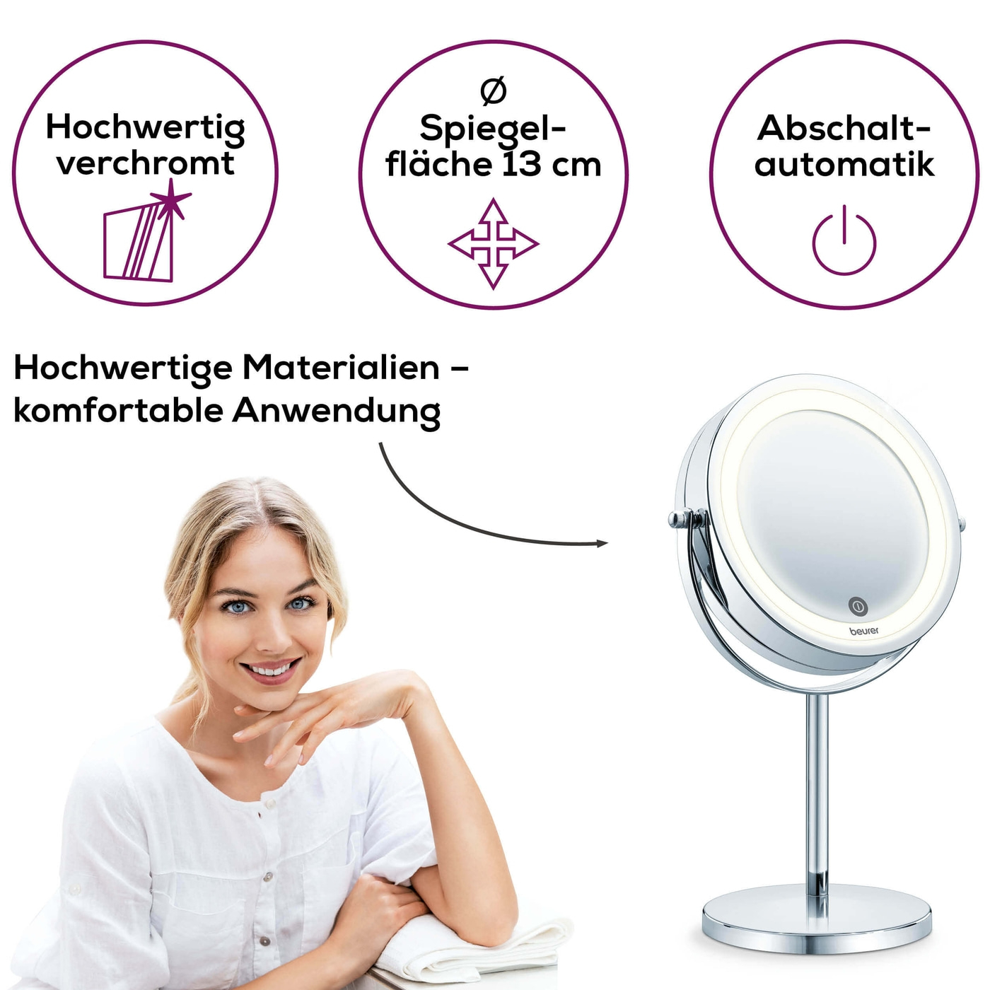 Beleuchteter Kosmetikspiegel BS 55-Beleuchteter Standspiegel mit 7-fach Zoom & Touch Sensor