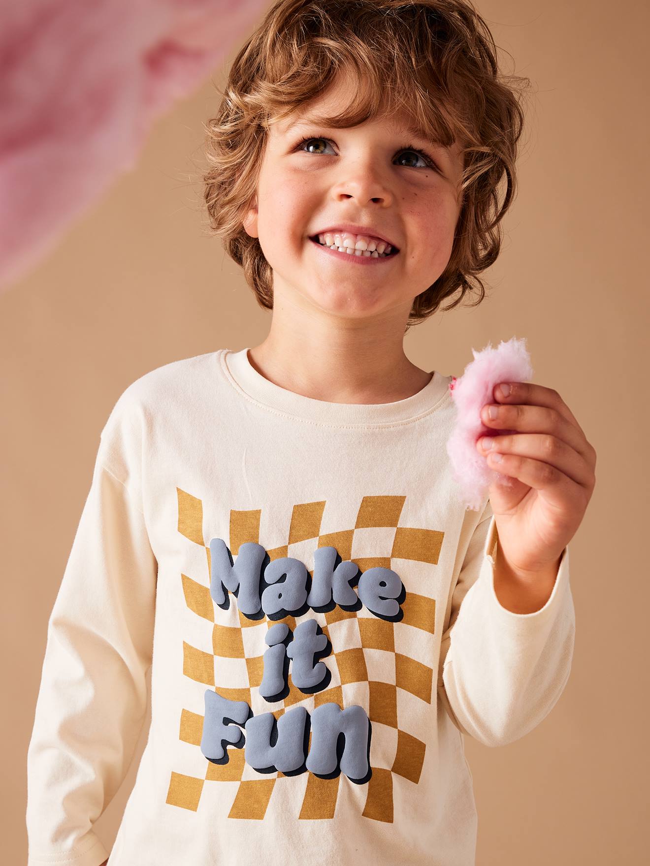 T-shirt à damier message en encre gonflante garçon écru