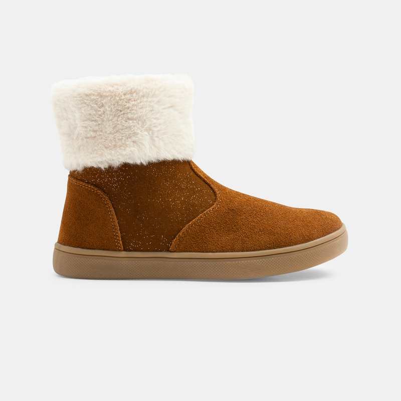 Boots croûte de cuir irisée col fourré beige fille