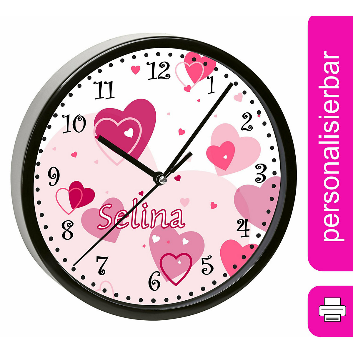 Kinder Wanduhr personalisiert mit Name Herz Rosa