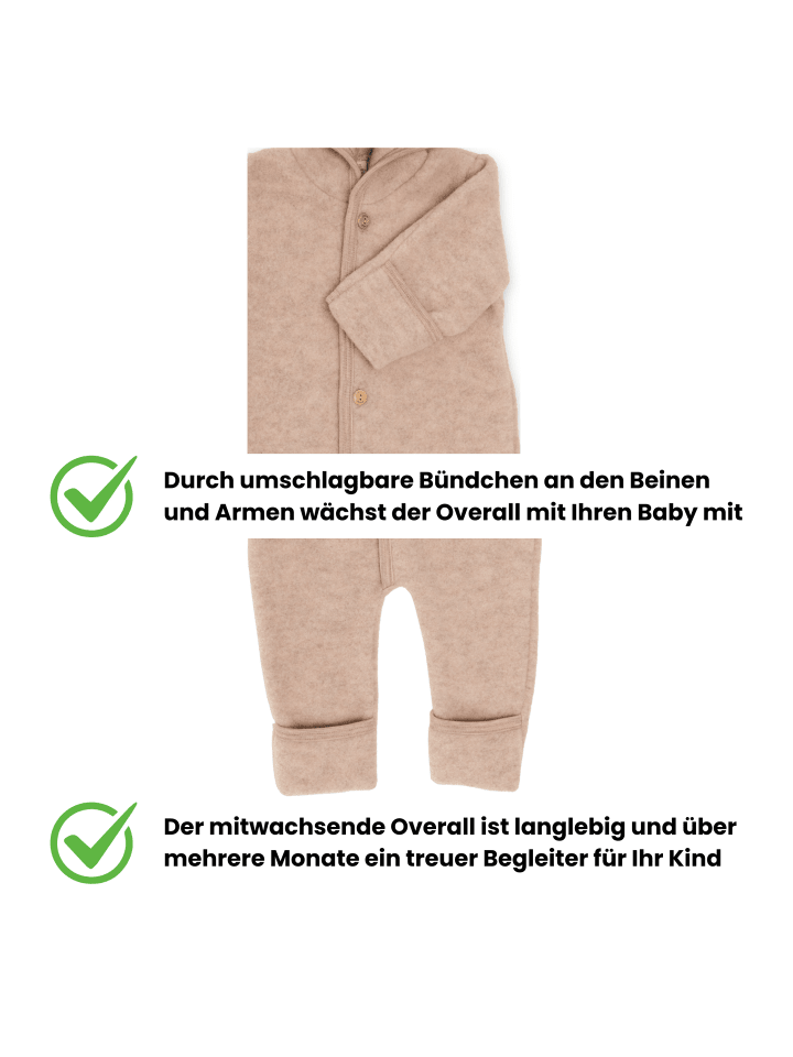 Kinderhaus Blaubär Baby-Overall mit Kapuze, Holzknöpfen & Mulltuch Blaubaer in Sand Melange günstig kaufen 50/56