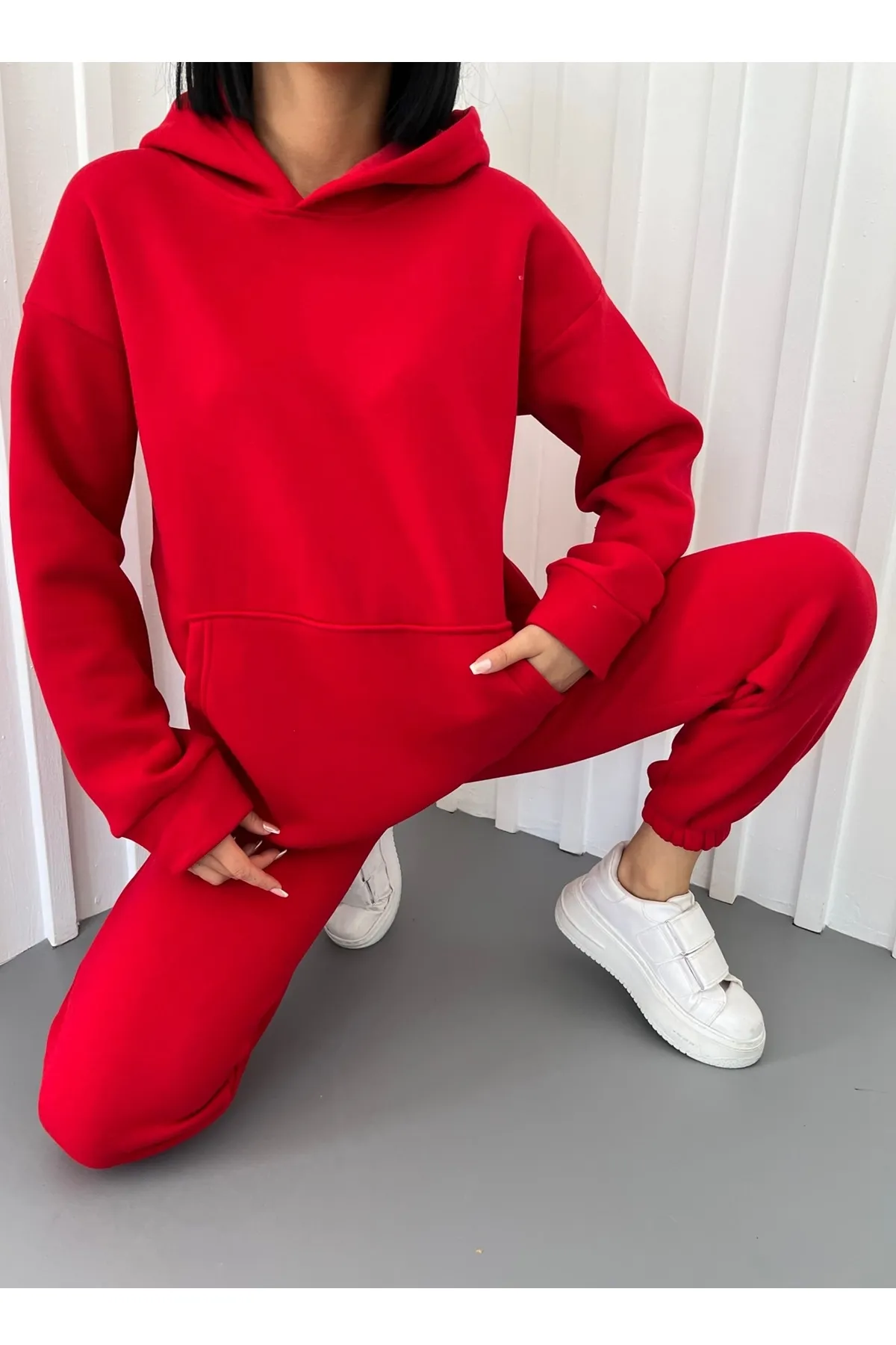 bayansepeti  Dreifädiges Gewebe, Kapuzenpullover mit Kängurutasche und hoch taillierter Hose, rot, Sport-Trainingsanzug-Set 400