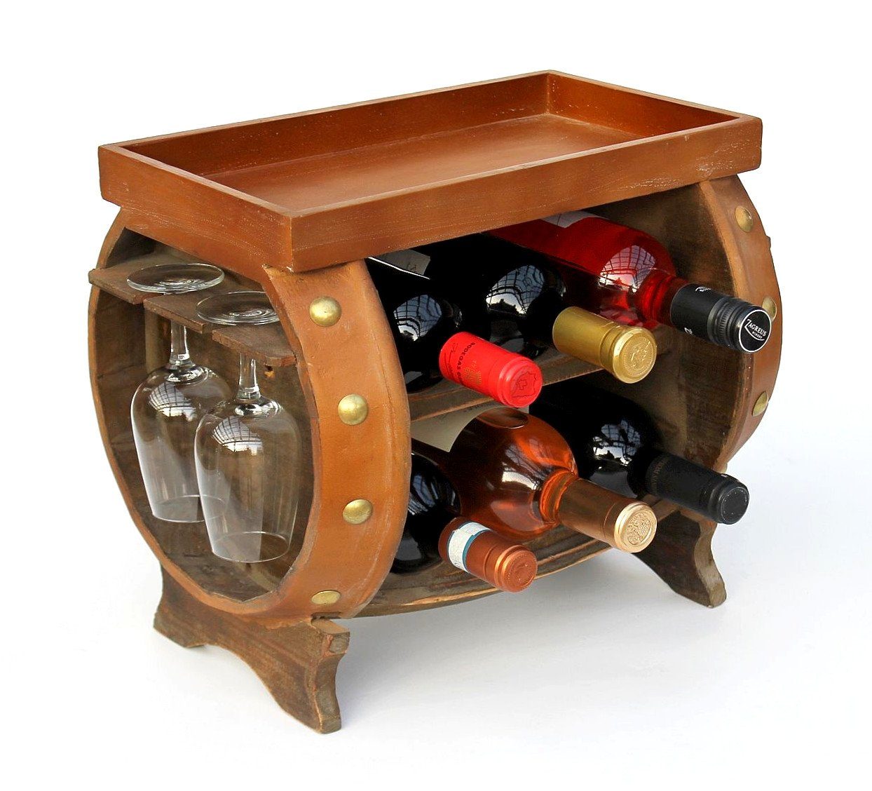 DanDiBo Weinregal Weinregal Holz Weinfass Braun 33 cm 9064 Bar Flaschenregal Flaschenständer Klein Fass Holzfass mit Glashalter