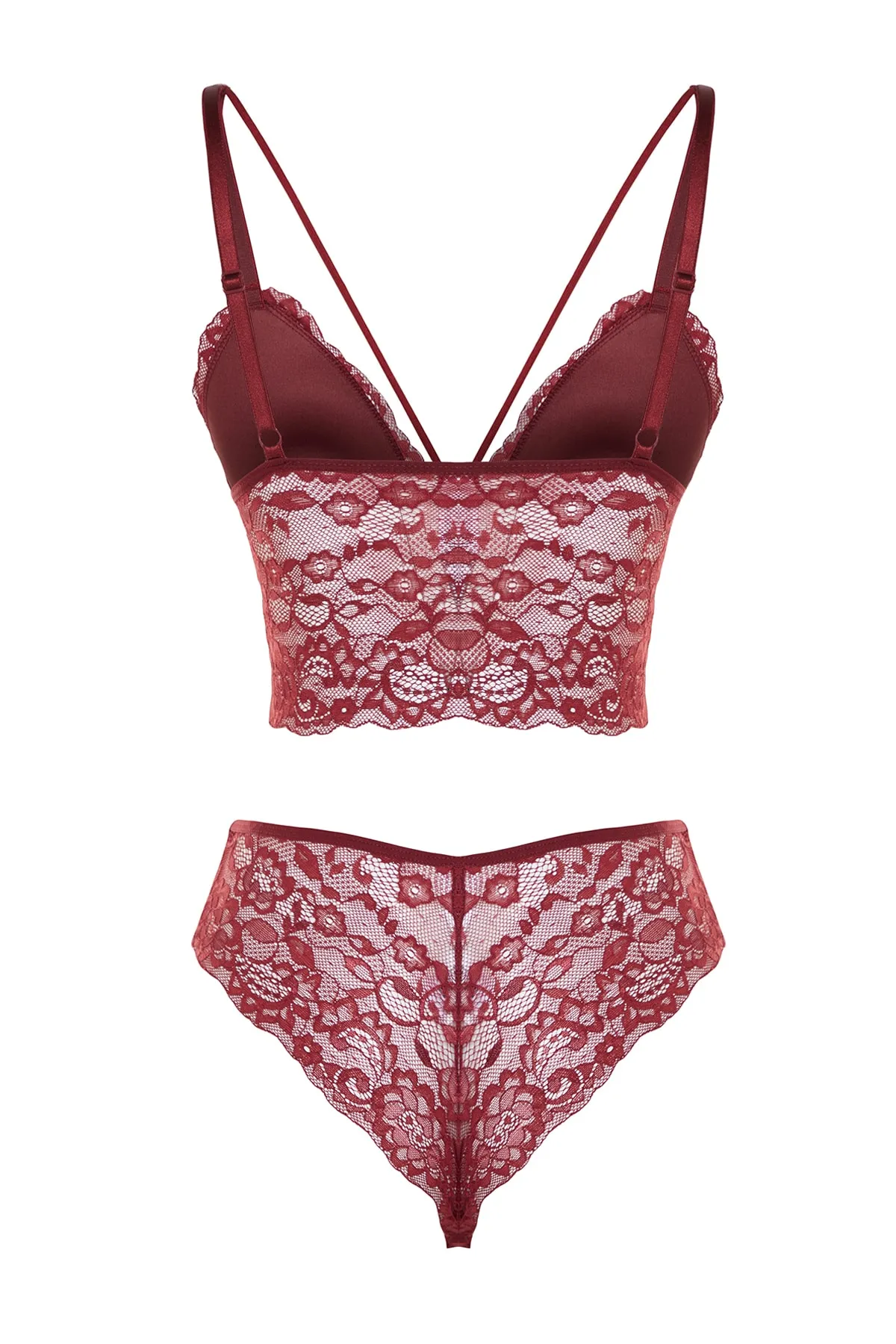 Trendyol Collection  Gestricktes Dessous-Set mit bordeauxroter Spitze und Paspelierung THMSS23CC00001