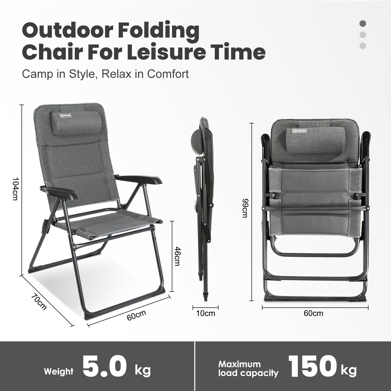 HOMECALL Campingstuhl Gartenstuhl Anglerstuhl Faltsessel Klappstuhl für Wohnwagen Outdoors, 5 fach Verstellbarer Rückenlehne, Hochlehner mit Gepolsterter, Anti-UV Olifen gepolstert mit Schaumstoff