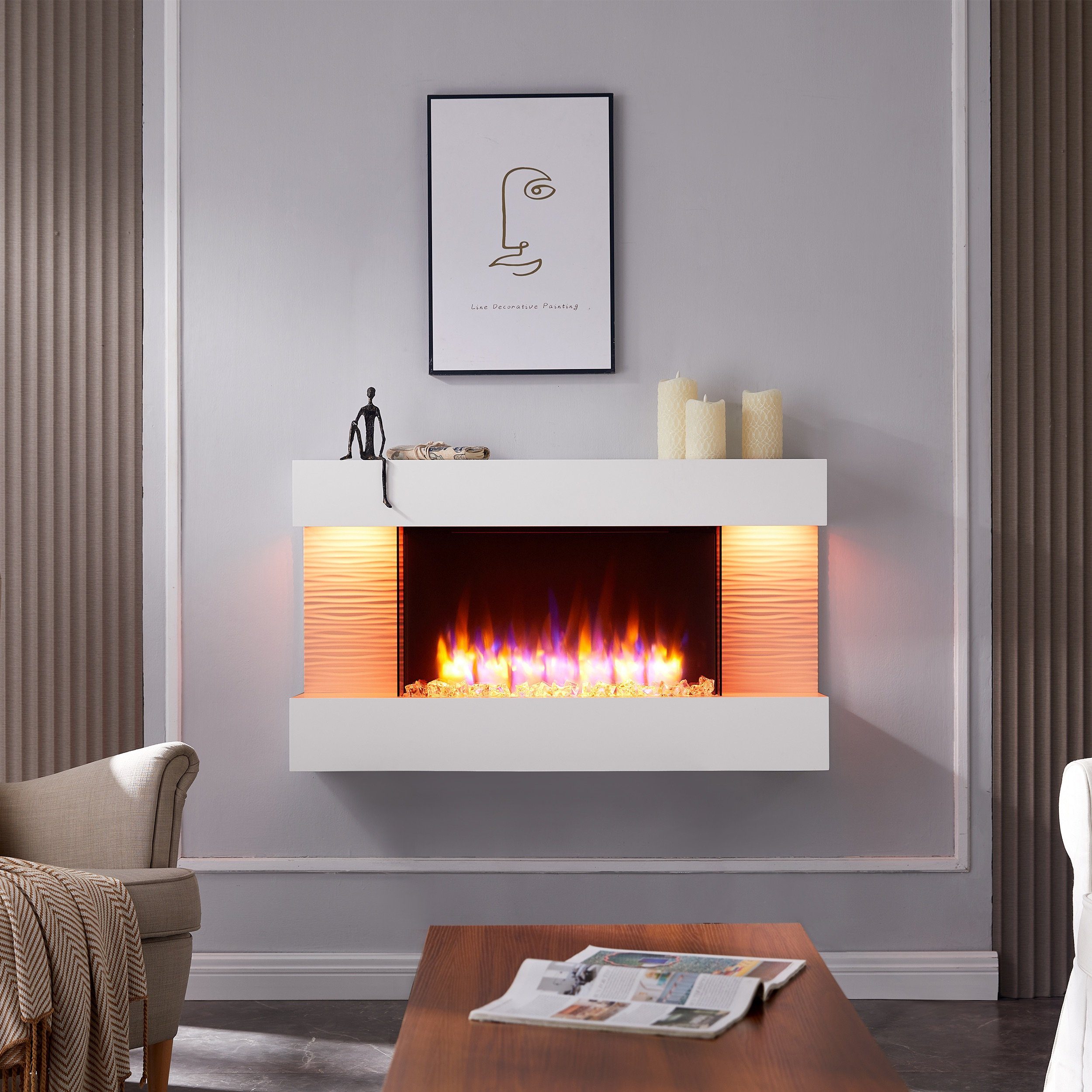 RICHEN Elektrokamin Elis, Wandkamin mit Heizung 2000W, 3D-Flammeneffekt, LED-Beleuchtungs, Fernbedienung, Timer, Thermostat