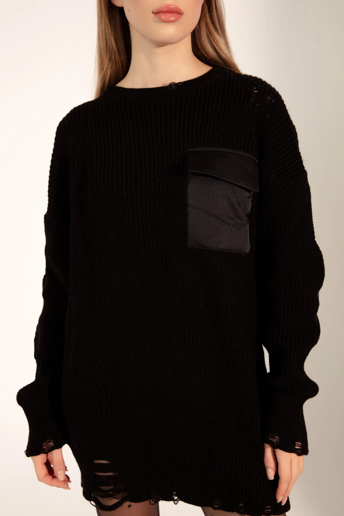 Lafaba  Schwarze Damen-Stricktunika mit Rundhalsausschnitt und Taschen aus Stoff