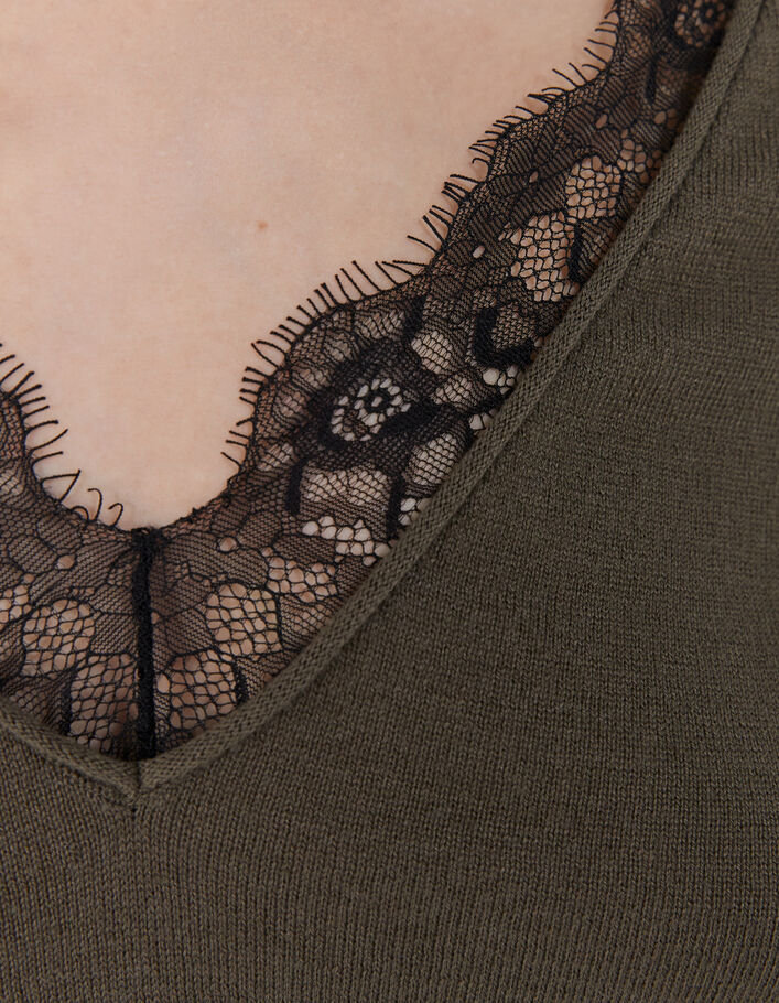 Pull kaki encolure devant dos en dentelle femme